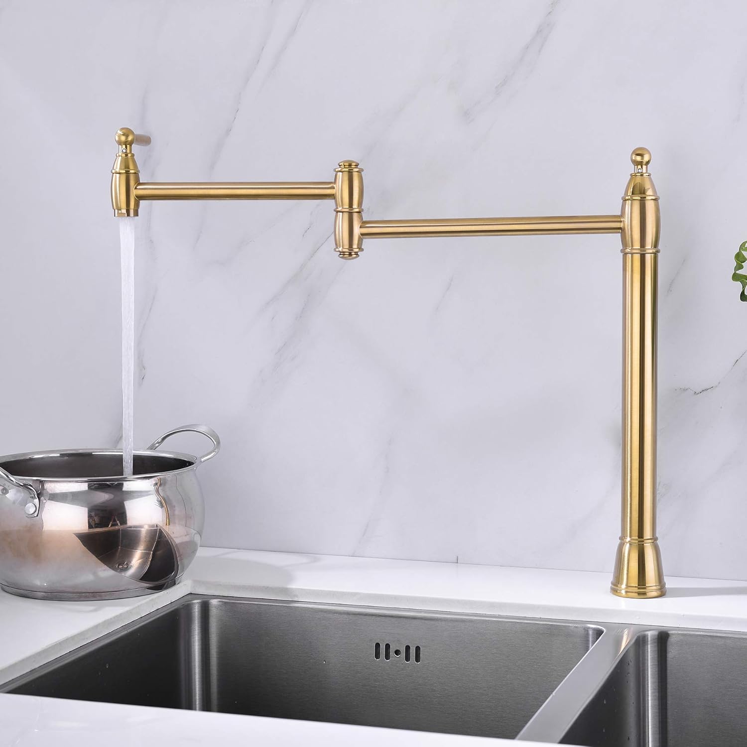 Get Discount 70% Price Avola Solid Brass Kitchen Sink Pot Filler Faucets, Double Swing Deck Mount Pot Filler Faucet, Stretchable Gold Pot Filler
