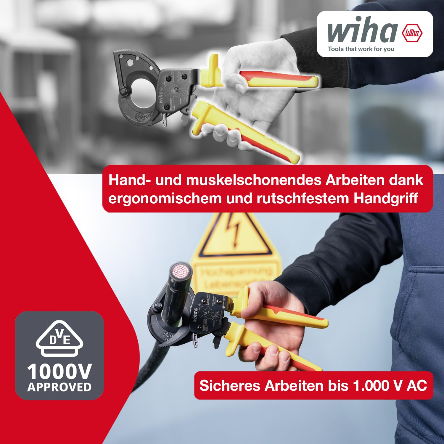 Wiha Kabelschneider bis 300 mm² I Ratschenkabelschneider für Cu- und AI-Kabel I Kabelschere mit Ratschenprinzip I Ratschenschneider für Aluminium- und Kupferkabel