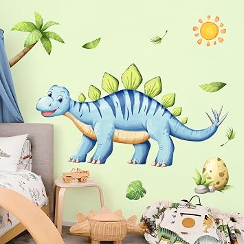 Tanlaby Large Dinosaur Wall Decals Blue Dino Palm Tree Wall Stickers