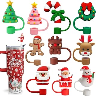 10PCS Christmas Straw Toppers for Stanley Cups,3D Santa Claus Xmas Tree Straw Cover Caps for Stanley 30&40 Oz Tumbler,10mm 0.4in Reusable Soft Silicone Drinking Xmas Tips Lids for Christmas Gift