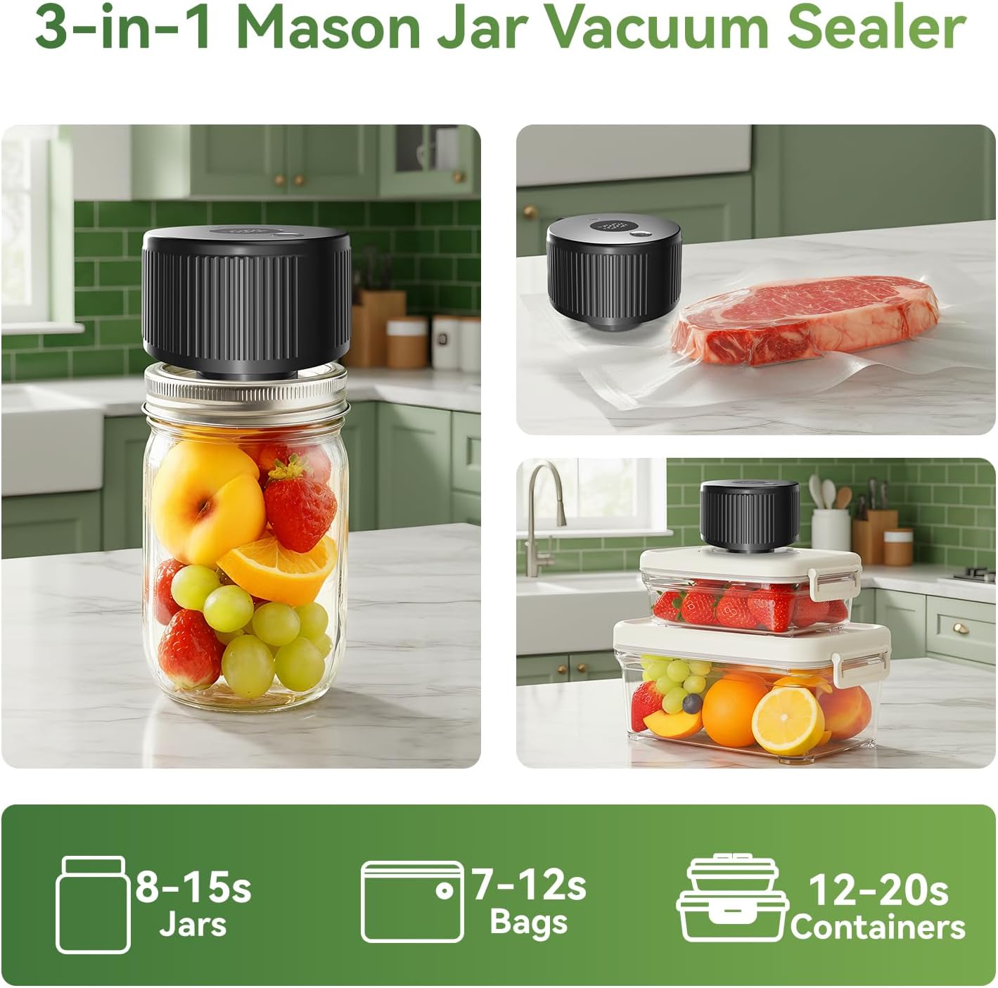 Electric Mason Jar Vacuum Sealer Kit+Mason Jar Lids 48 Pack: 24 Wide Mouth + 24 Regular Mouth Canning Lids 3-in-1 Handheld Automatic Vacuum Sealer for Mason Jars, Containers, Vacuum Bags