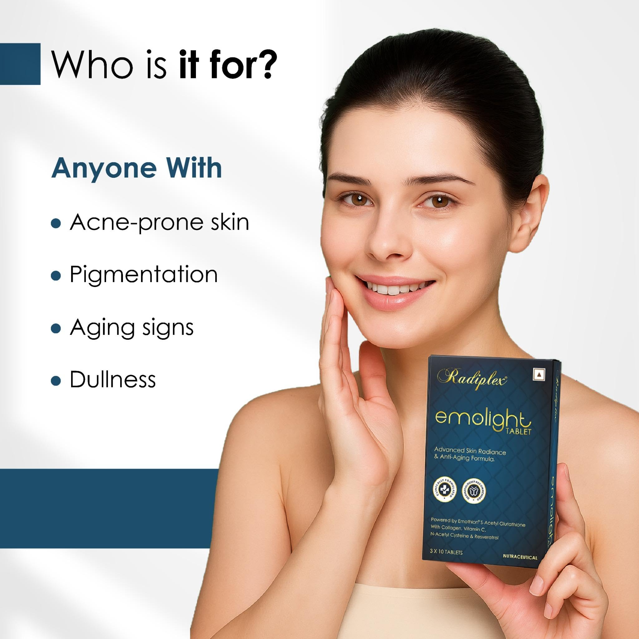 Radiplex Emolight Advanced Skincare Tablets | With Emothion S-Acetyl Glutathione, Collagen, Vitamin C, NAC & Resveratrol | Supports Radiant Skin, Even Tone & Age Support