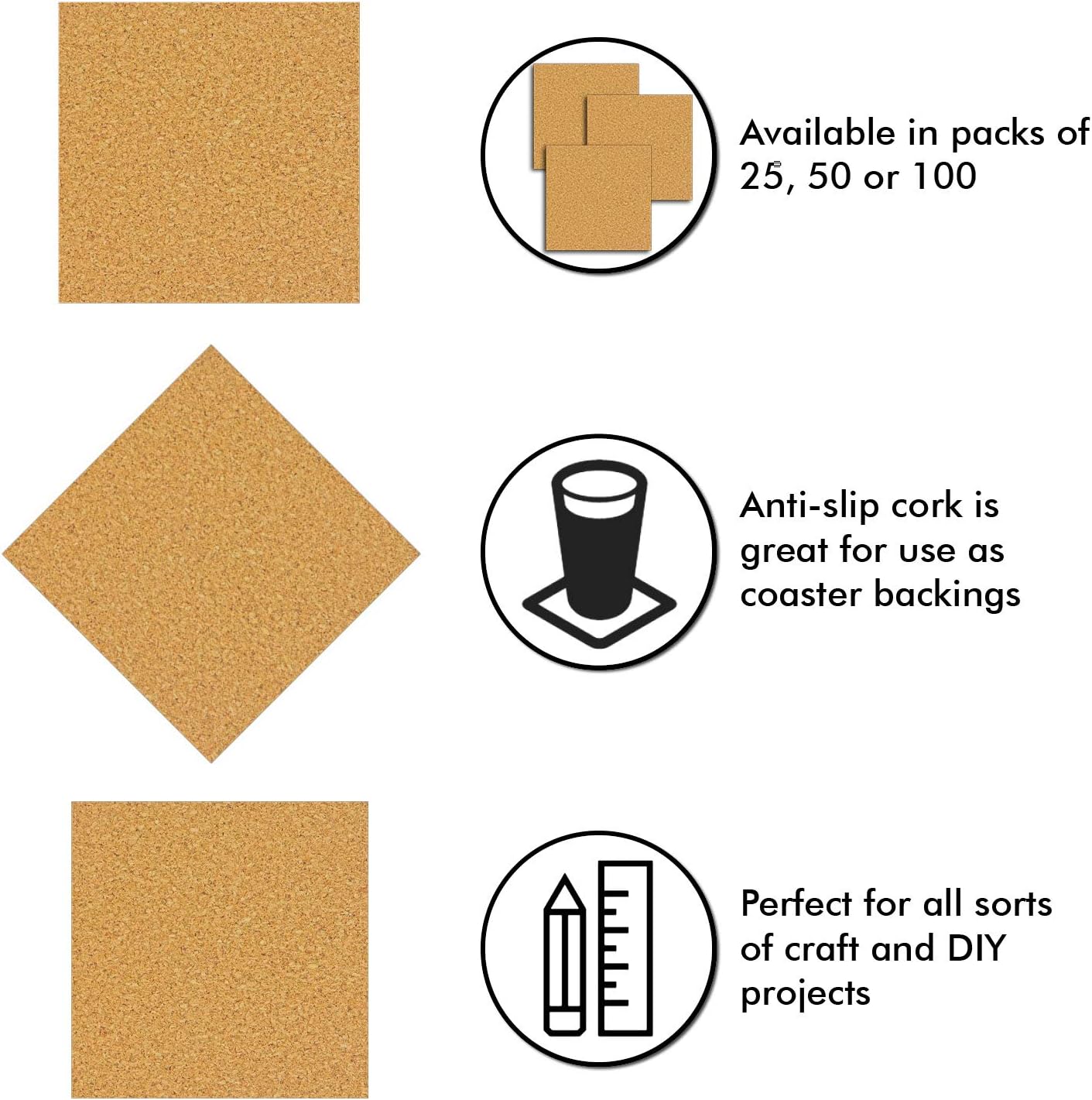 50 Pack Self-Adhesive Cork Squares 4 x 4 Inches Cork Tiles Backing Sheets for Coasters and DIY Crafts