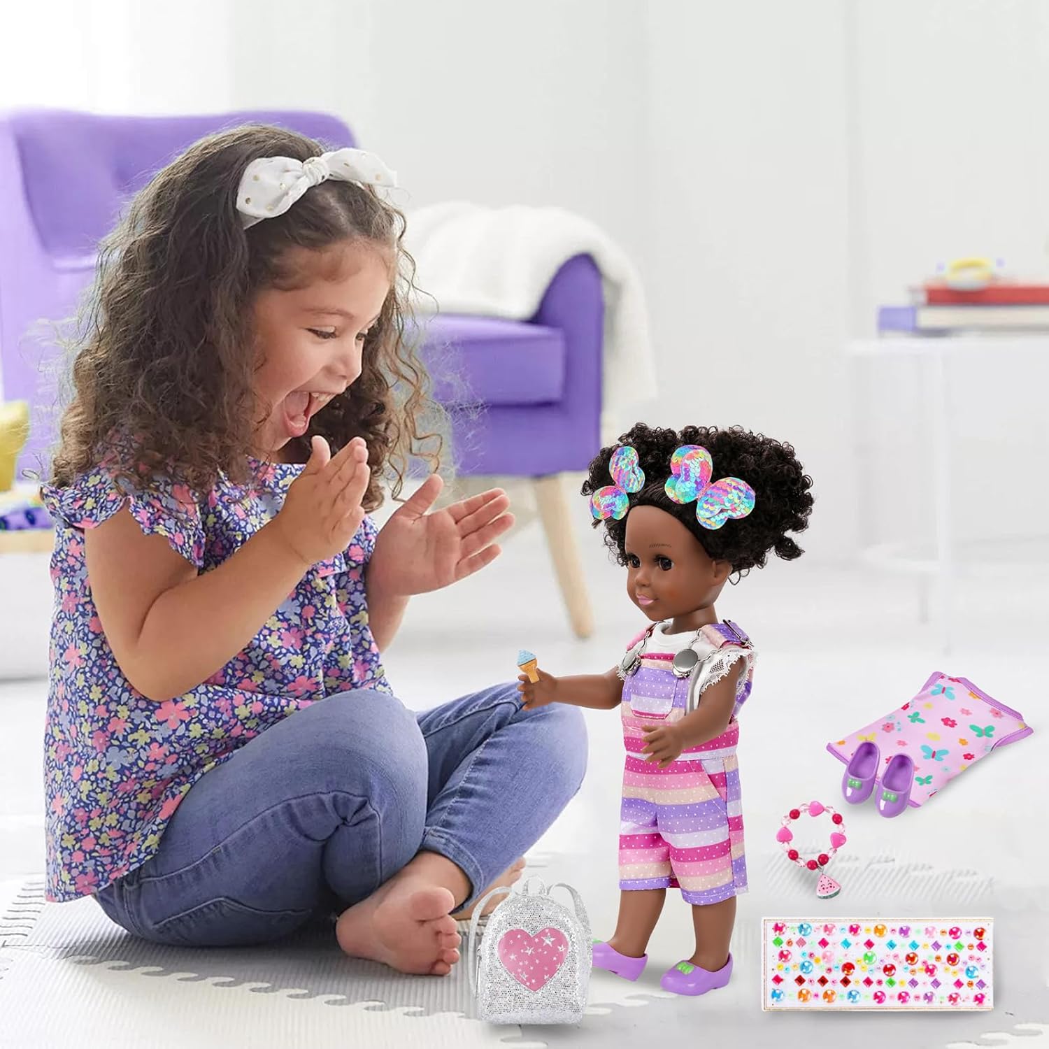 ZQDOLL 14.5 inch Black Doll and Black Baby Doll Clothes and Accessories Set, African Baby Doll with 2 Sets Clothes Shoes Backpack Hairclip Bracelets Diamond Stickers etc- Best Gift for Girls