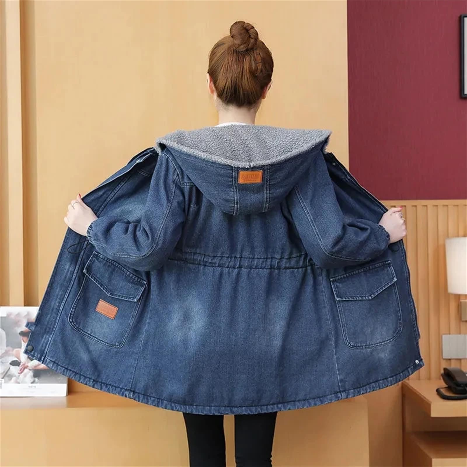 Chaqueta vaquera con capucha y forro polar grueso y cálido de invierno para mujer abrigo vaquero con capucha y forro polar de longitud media ajustado de talla grande
