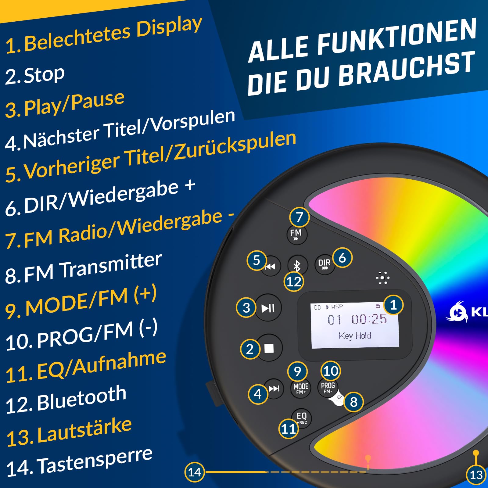 Discover Tragbarer CD Player mit Bluetooth Radio und Akku - Mit Headset