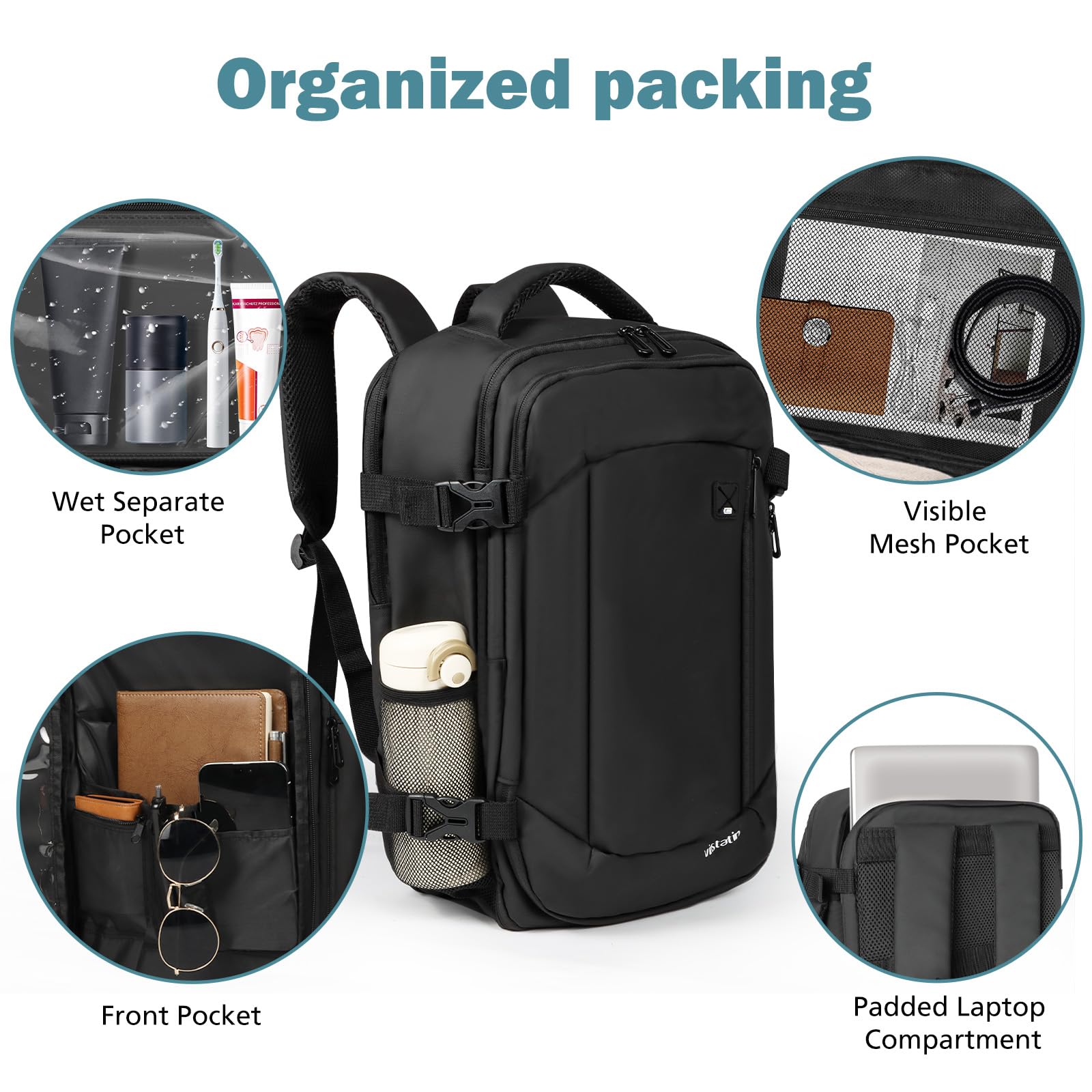 Vinstatin Zaino Bagaglio a Mano 40x20x25 cm Cabina Approvato Ryanair 20L Zaino Viaggio Business Unisex Leggero con Organizer (Nero)