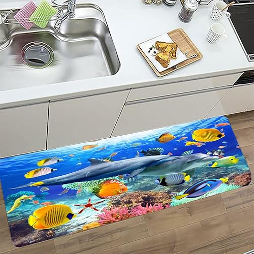 Miniatura 8 de Las bañeras de cocina y baño utilizan tapetes absorbentes antideslizantes, alfombra rectangular 3D de delfín coral de arte moderno (17 x 47