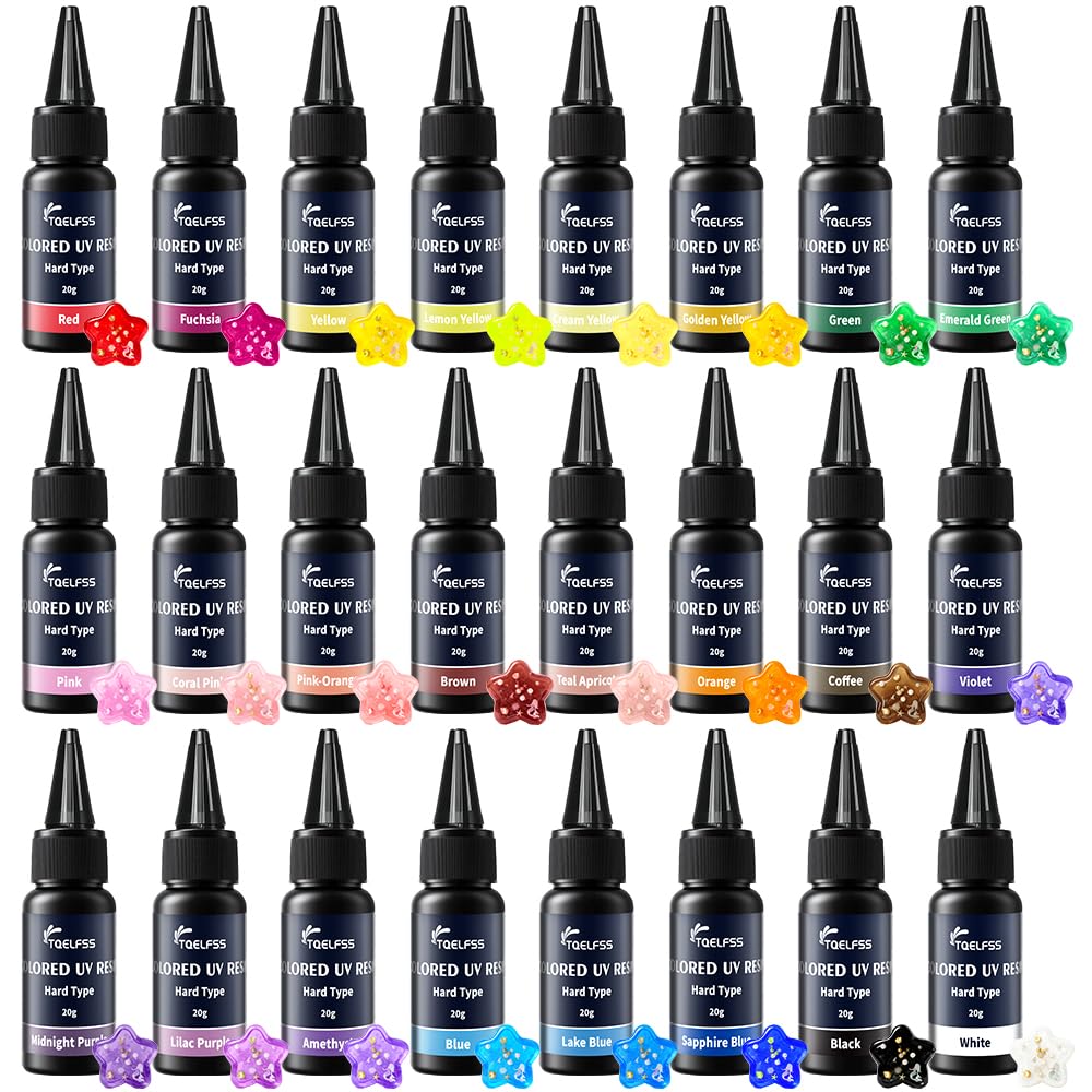 UV Resin, 24 Colors UV Curable Hard Resins, Colored&Fast Curing&Odorless and Clear UV Resins kit for Crafts, Jewelry Making, Colored Resin Casting and Coating(20g/0.68oz Each)