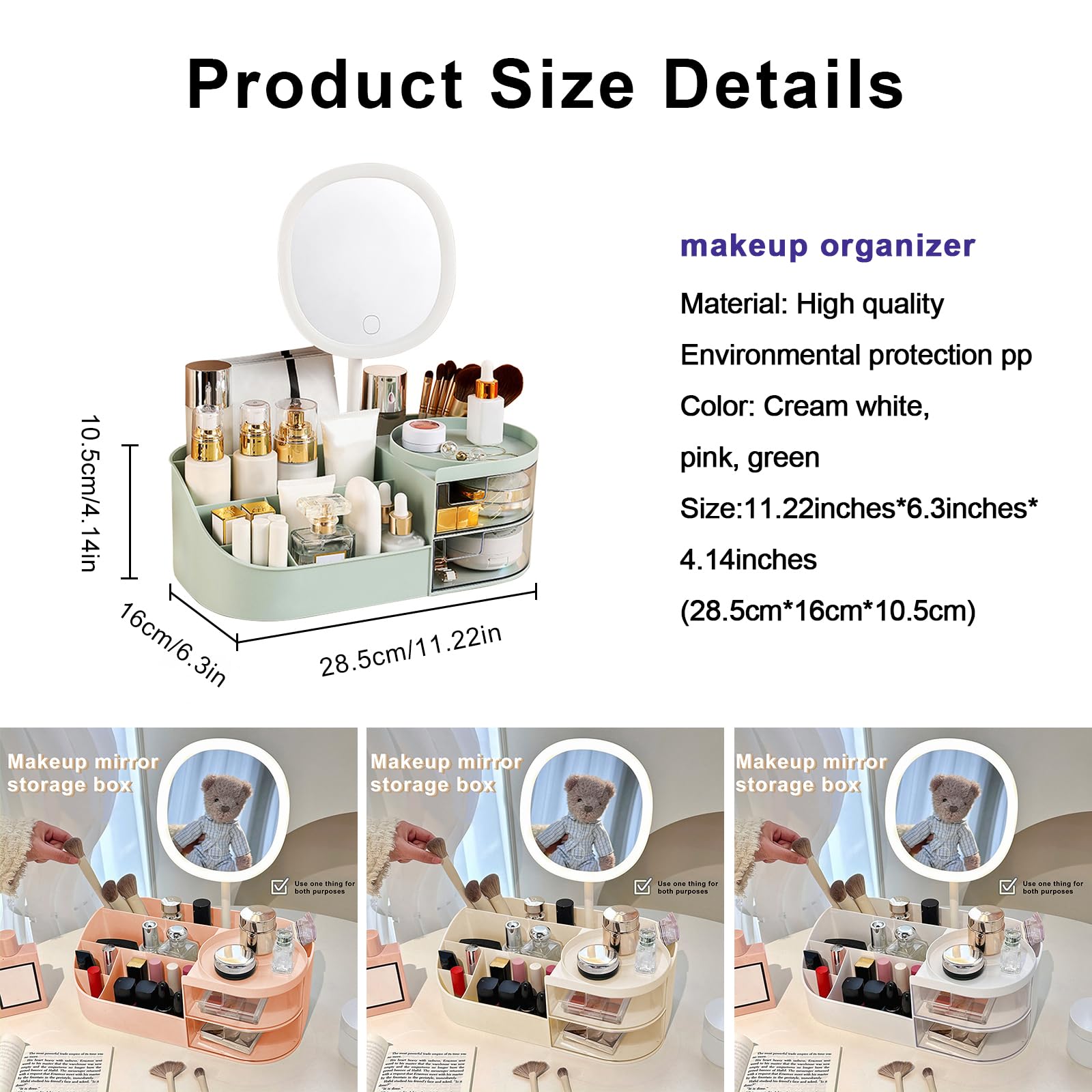 DASITON Make up Organizer mit Spiegel,Make up Pinselhalter mit 2 Schubladen,Multifunktionale Makeup Organizers Kosmetikaufbewahrung,Große Kosmetik Schminke Organizer für Schlafzimmer,Badezimmer(Grün)