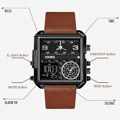 Miniatura 6 de SKMEI Reloj deportivo digital para hombre, reloj de pulsera de cuarzo analógico cuadrado LED de cara grande con cronómetro impermeable multihorario
