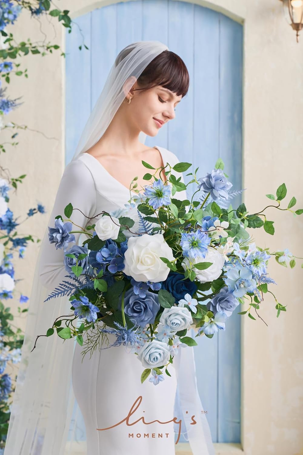 Ling's moment Artificial Flowers Fake Silk Roses Faux Foam Gardenia Combo for DIY Wedding Bouquets Centerpieces Arrangements Bridal Shower Party Home Decorations, Dusty Blue & Ivory, 23pcs