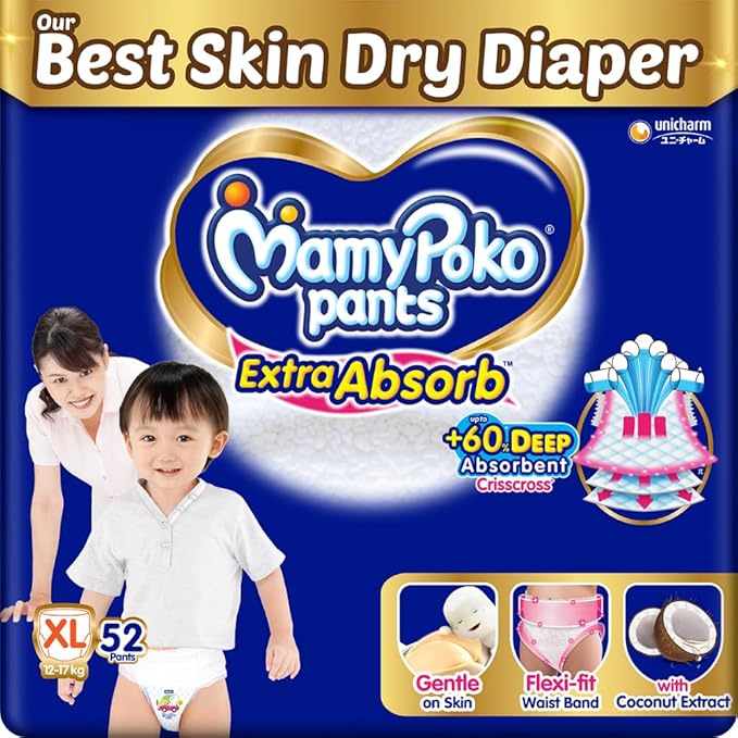 MamyPoko Pants Extra Absorb Baby Diapers, Extra Large (XL size) | 12-17 kg | 52 Count |Deep Sleep Diapers| Soft gentle fit |Deep Absorbent Crisscross | skin friendly with coconut oil |