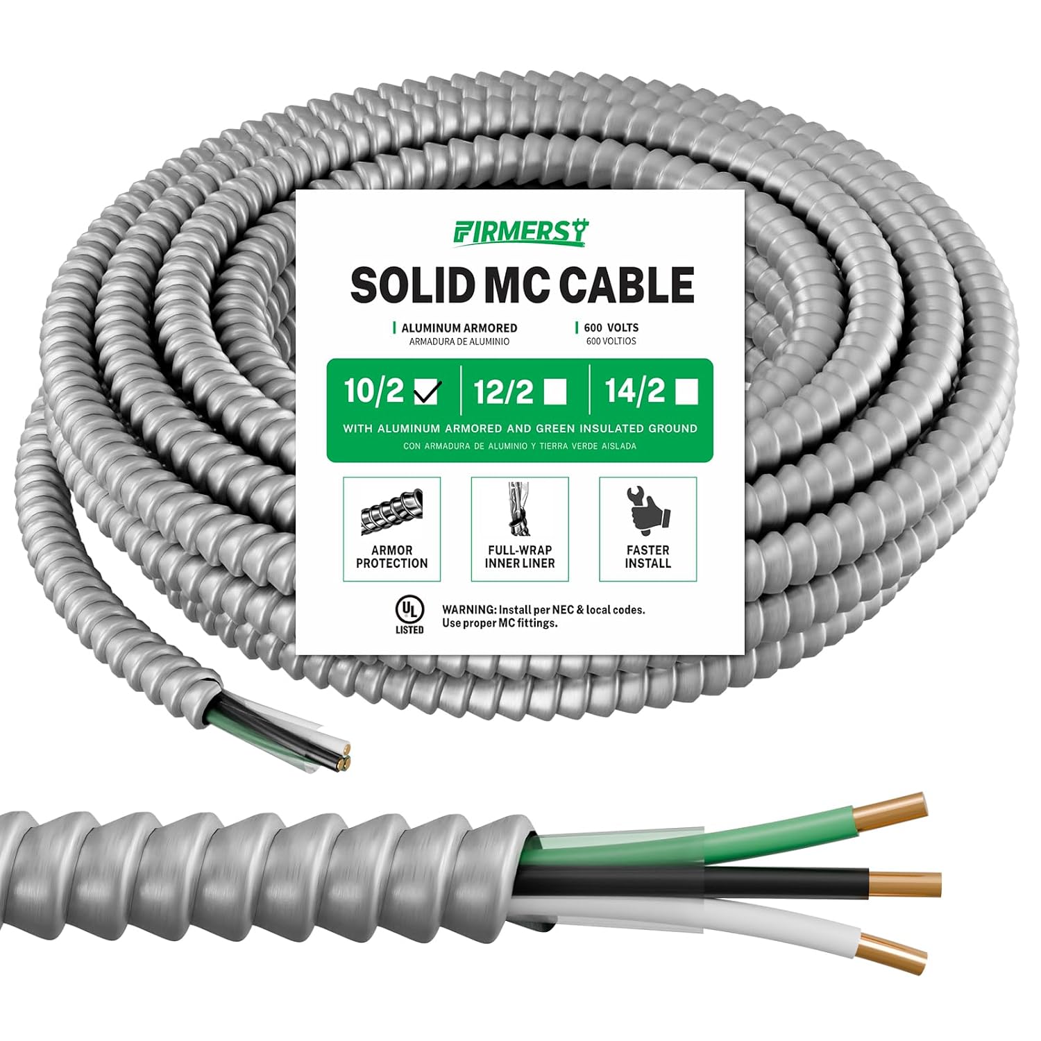 FIRMERST 10/2 MC Cable with Ground, 50FT, 10 AWG Solid Copper, Aluminum Armored BX Wire, 600V, for Heat Pump, A/C & Compressor