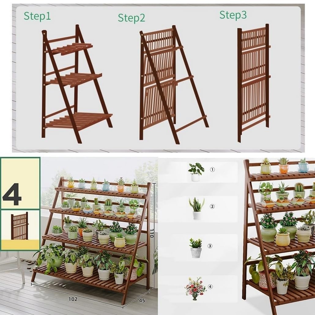 Support échelle en bambou pour plantes - 4 niveaux - Pliable - Pour intérieur et extérieur - Pour la maison, la terrasse, la pelouse, le jardin, le balcon - Marron