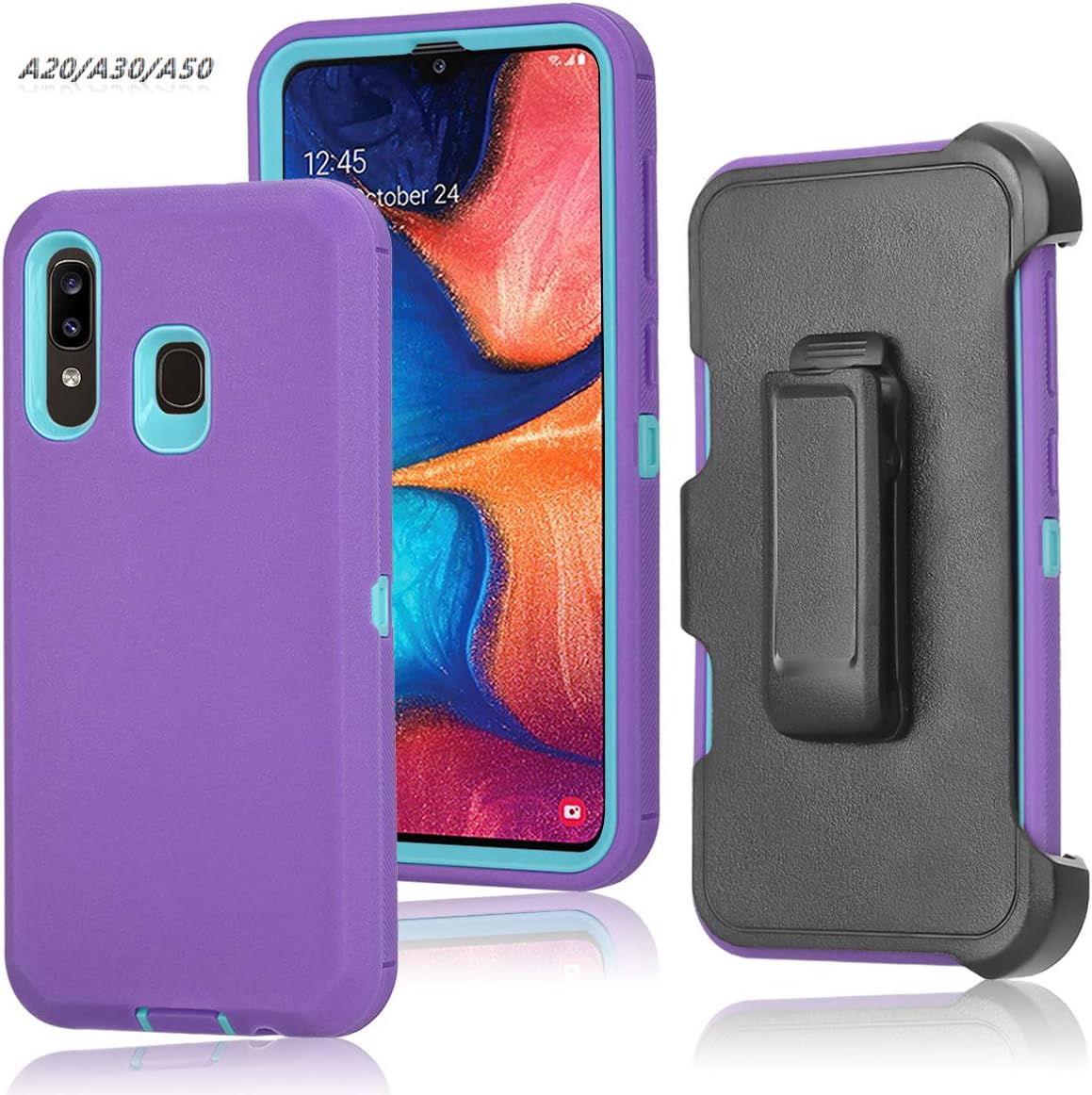 Annymall Galaxy A50 Case,Galaxy A20 Case,Galaxy A30 Case, Heavy Duty [with Kickstand & Built-in Screen Protector] Defender Armor Protective Cover for Samsung Galaxy A20/A30/A50 (Purple/Green)