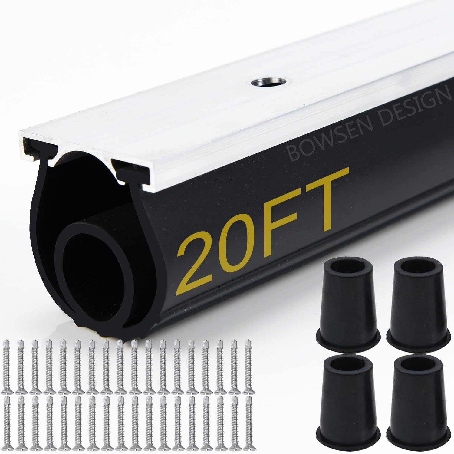 BOWSEN Heavy-Duty U+O Ring Universal Garage Door Bottom Seals Weatherstrip Weather Stripping Rubber with Aluminum Track Retainer Kit, Black (20 FT, 1-1/4" Width)