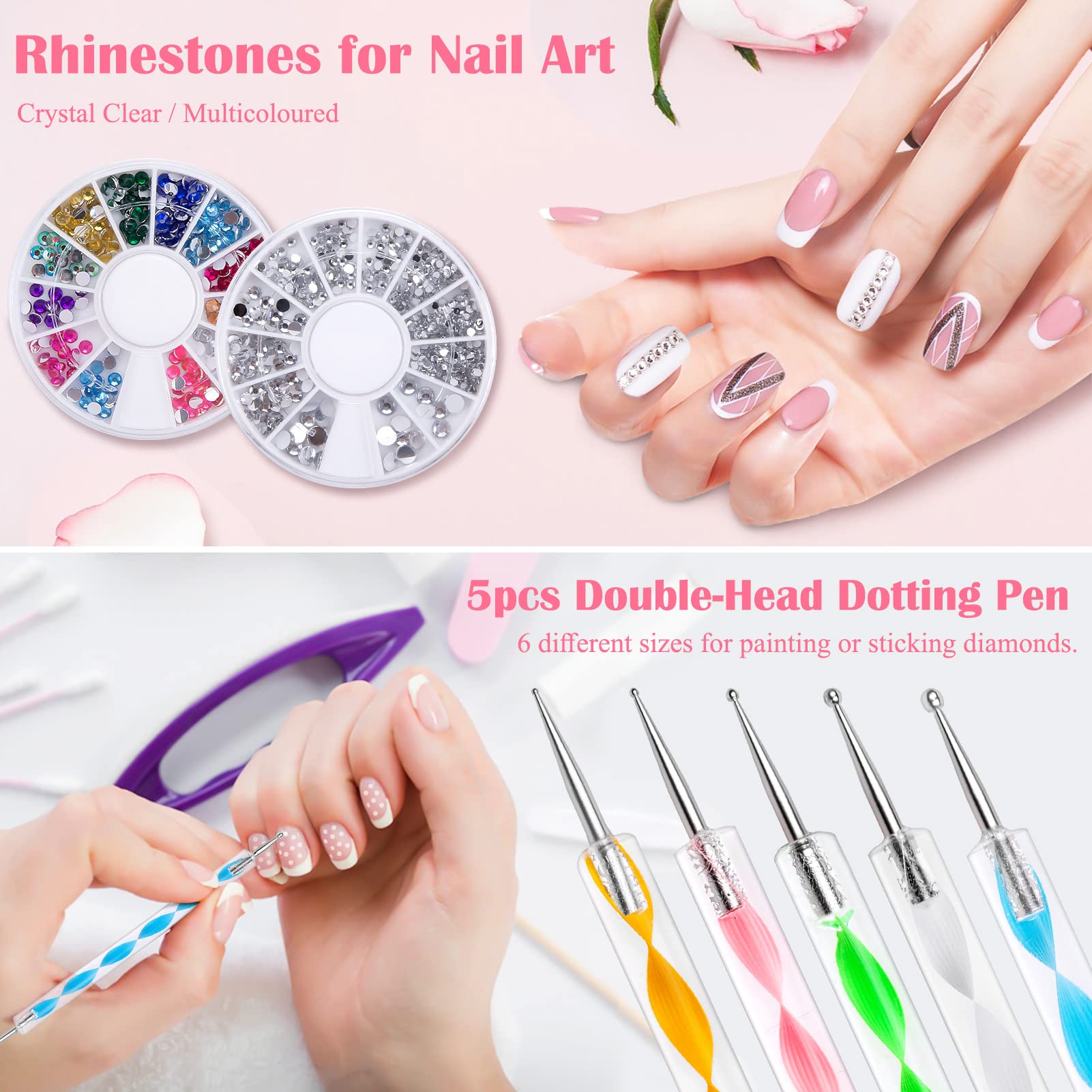 Kiiwah Kit de 31 Pièces Nail Art Design, 15 Pinceau à Ongles, 5 Dotting Pens, 2 Boîtes Ongles Strass, 10 Striping Tape et Feuille de Or & Argent pour Manucure Professionnel Femmes