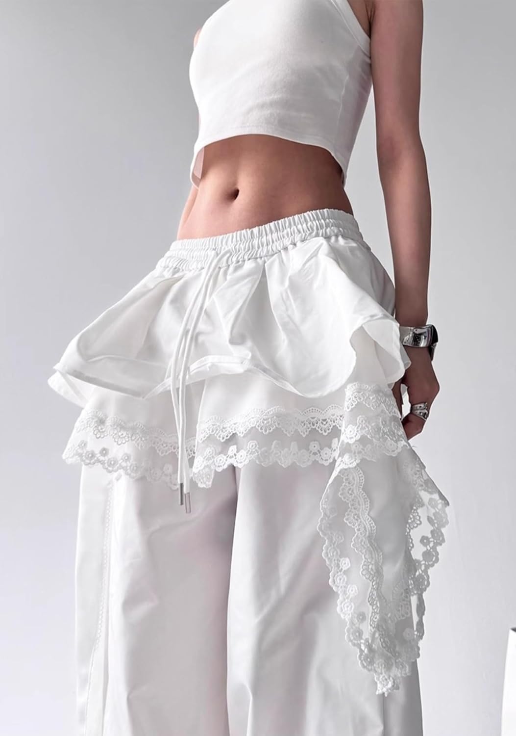 Monkay Women's Y2k Lace Trim Wide Leg Pants Elastic Waist Harajuku Kawaii Loose Pants Trendy Drawstring Trousers