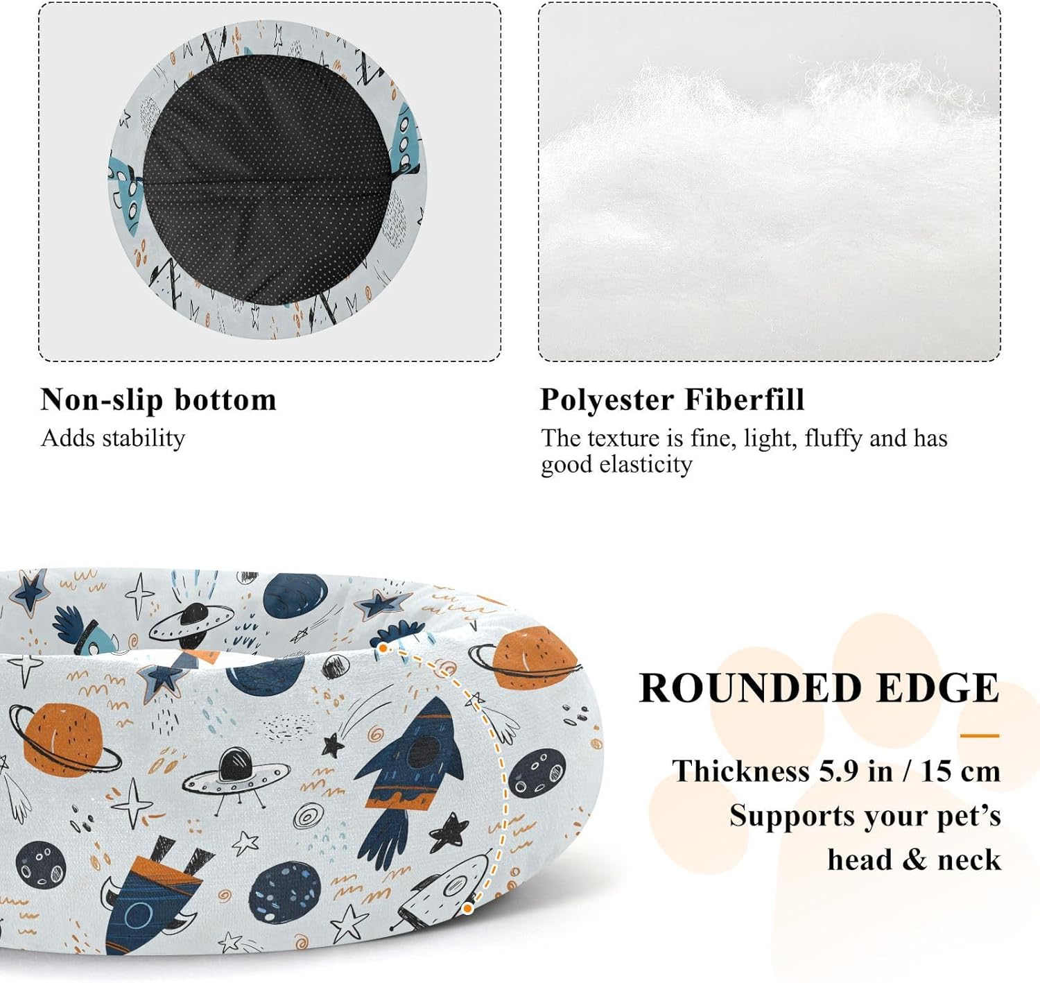 Pet Dog Bed Removable & Washable Fluffy Dog Pillow Bed for Medium Size Pets Sleeping M Space Rockets