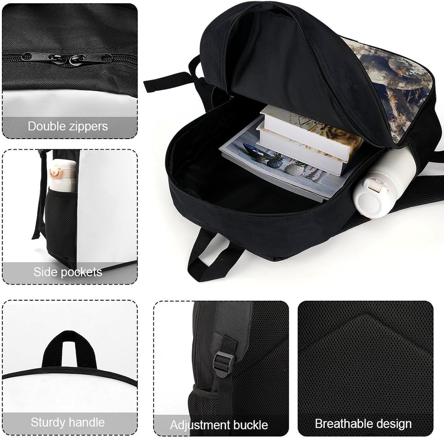 Black Bear Eating Fish Unisex Backpack 17" Casual Daypacks Simple Shoulders Bag for Camping Hiking Travel Gear