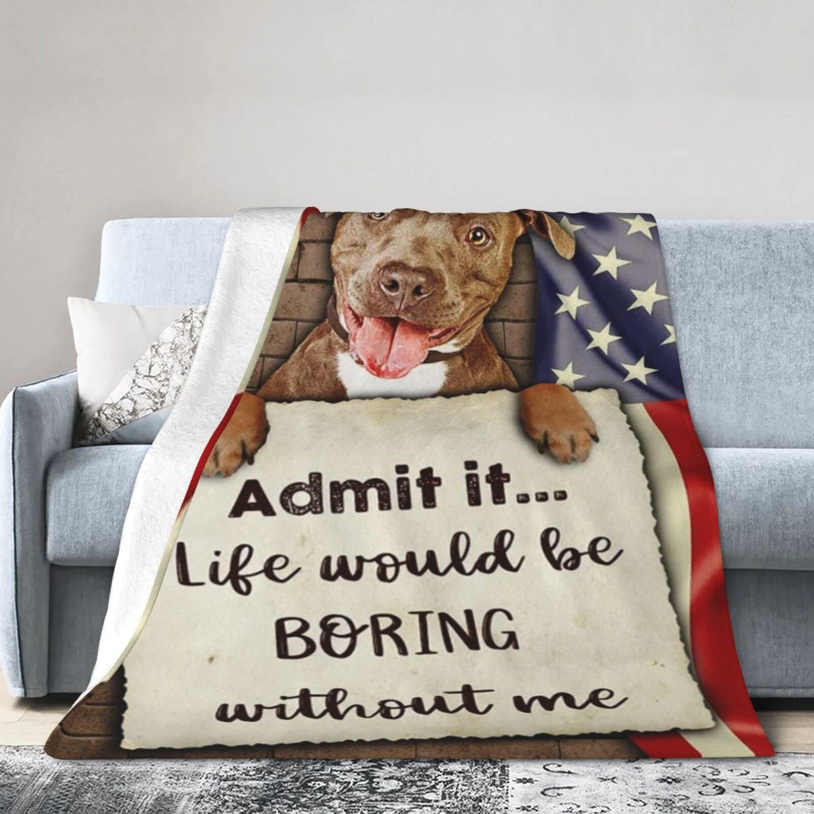 Lsjuee Christmas Flannel Fleece Blanket 50"X40" Life Would Be Boring Without Me Pitbull Sofa Throw Blanket Funny Ultra-Soft Travel Winter Blankets for Girls Keep Warm
