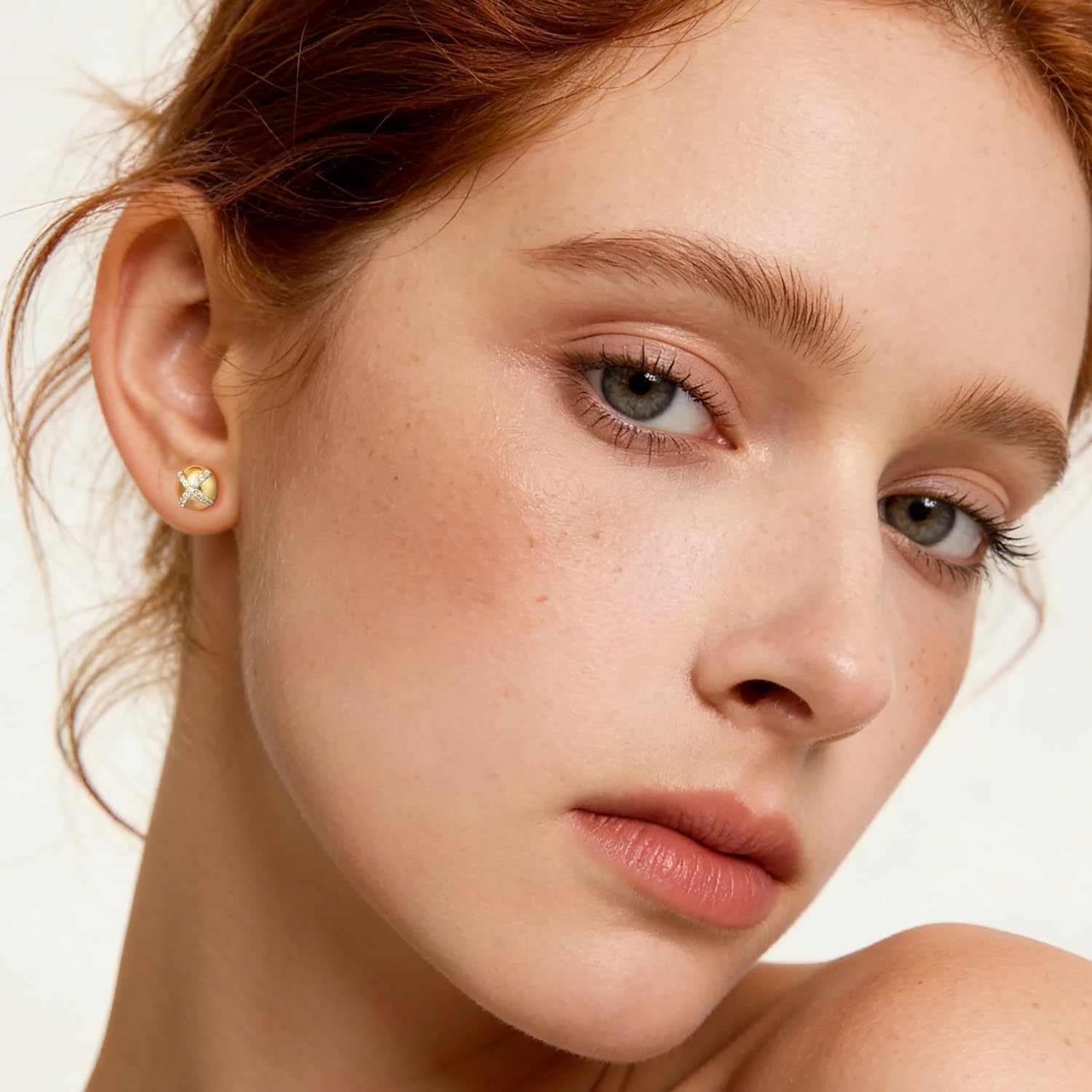 Gold Plated Earrings for Women 14K Gold Plated Studs Earrings for Women Cubic Zirconia Stud Earring for Womens Studs Half-Sphere Shape and Unique X-Cut Sparkle CZ Stud Earring for Womens 8mm - Image 5