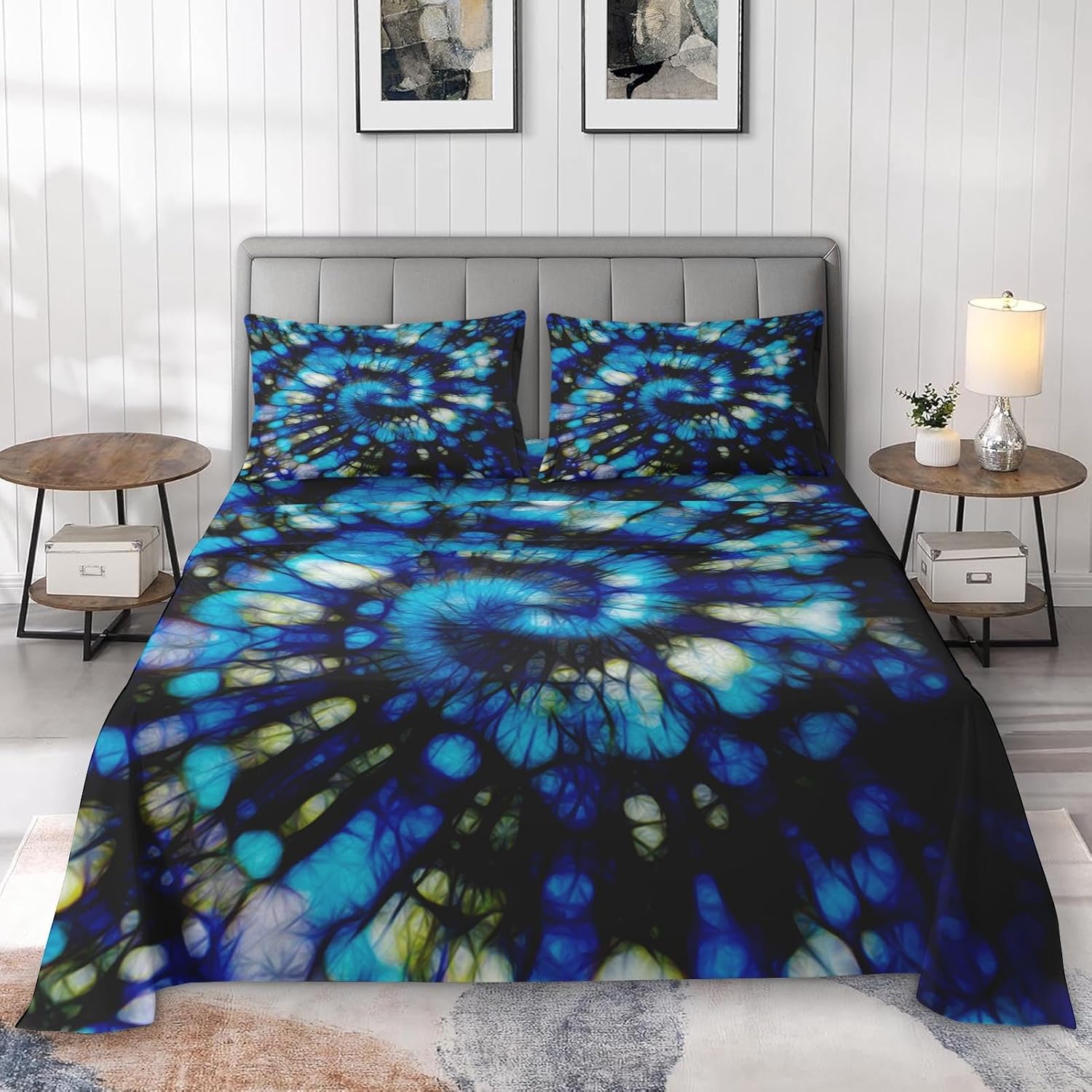 Pamnest Queen Size Bed Sheet Sets, Tie Dye Psychedelic Kids Soft Microfiber 4 Pcs Bedding Sets for Kids and Adults Bedroom Bed Decor, Colorful Neon Dirt Geometric Flat, Fitted Sheet and 2 Pillowcases