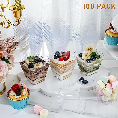 Miniatura 4 de supernal Mini tazas cuadradas de plástico de 2 onzas con cucharas doradas, taza de aperitivo de parfait, 100 tazas, 100 cucharas doradas, perfectas