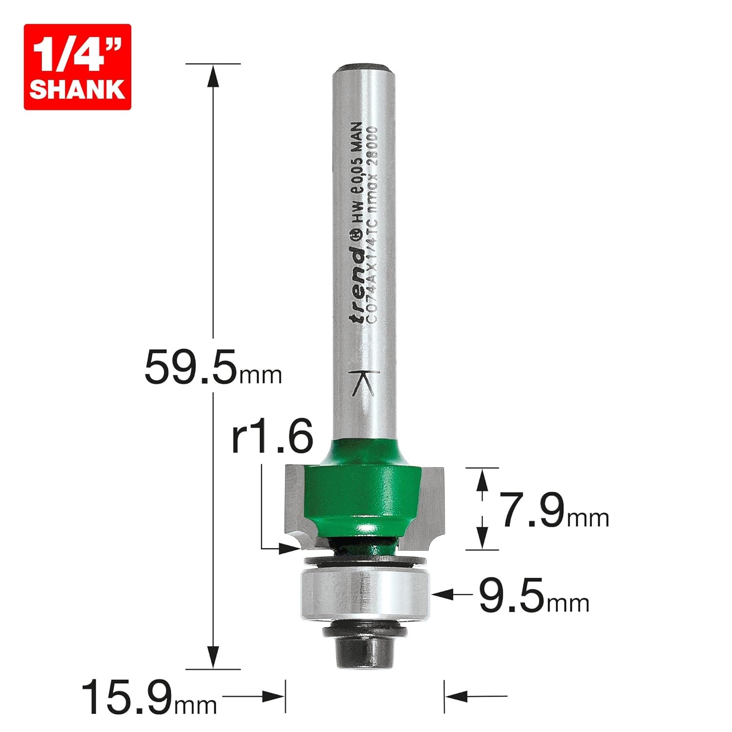 Trend CraftPro Guided Rounded Over Router Bit, 1/4 Inch Shank, 1/16 Inch Radius & 5/16 Inch Cut Length, Tungsten Carbide Tipped, C074AX1/4TC