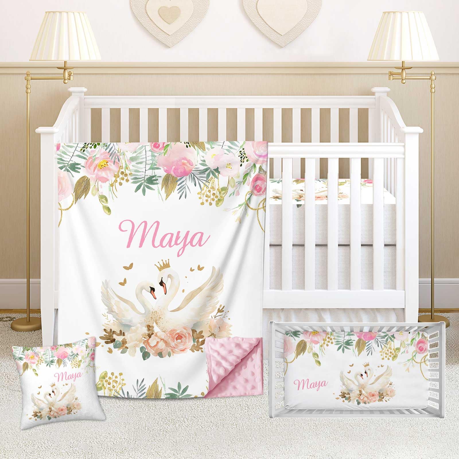 Custom Crib Bedding Set for Girls, Personalized Baby Girl Bedding Sets with Name, 3 Piece Bedding Set for Toddler Infant, Comforter Fitted Crib Sheets Pillowcase Set, Floral Swan Nursery Bedding