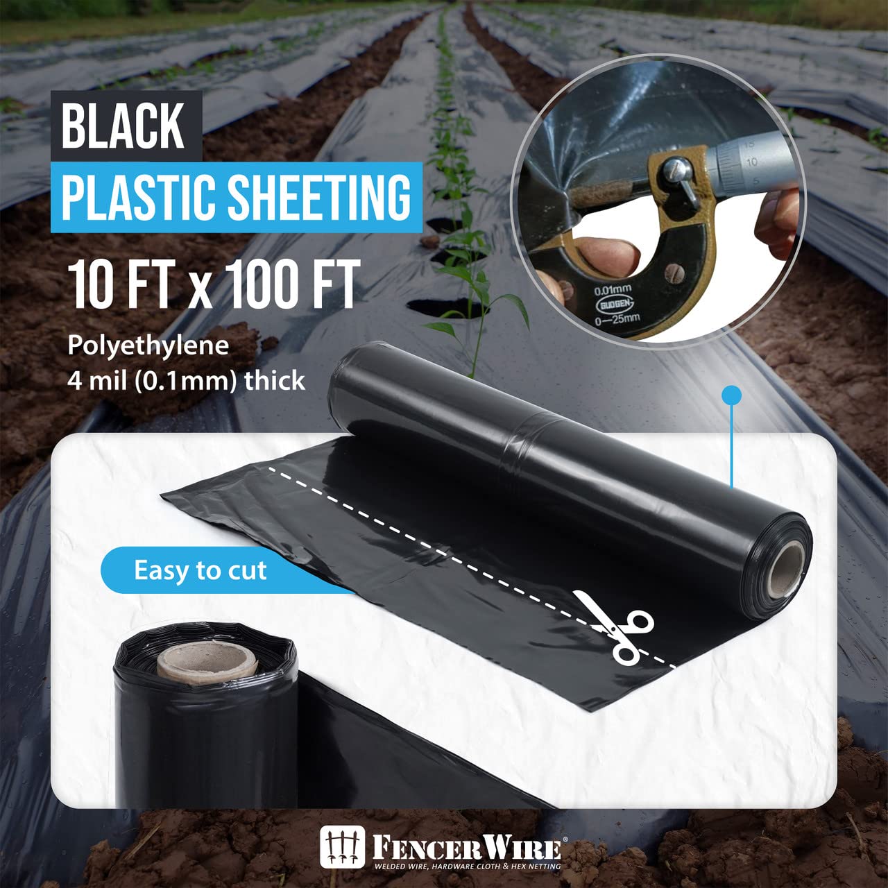 CAPHAUS 4 mil Black Plastic Sheeting, Roll of Heavy-Duty Plastic Sheet, Black Plastic Tarp, Polyethylene Vapor Barrier Plastic Sheeting, Black Painters Tarp, Multi-Purpose, 10' x 100'