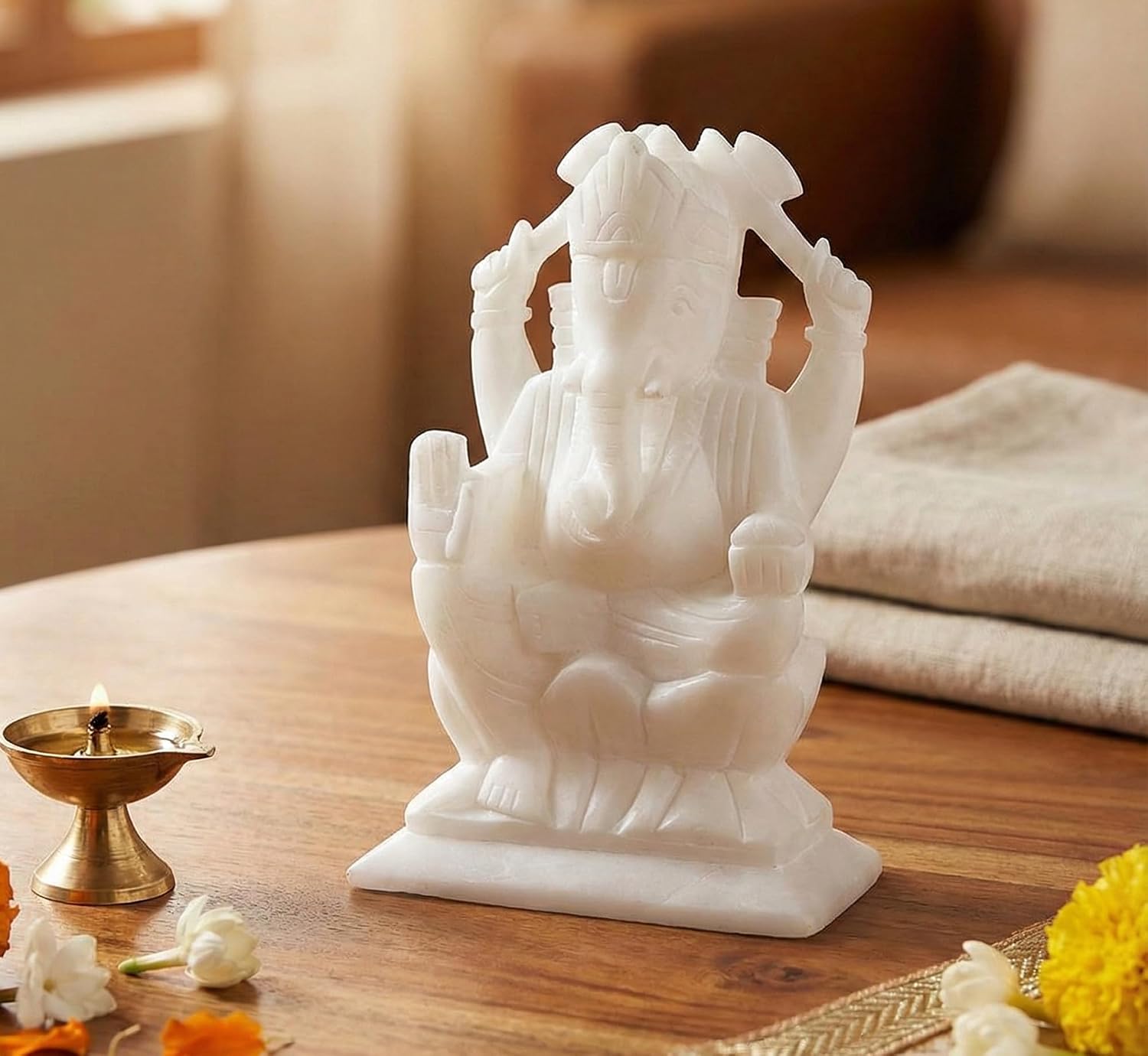 StonKraft Marble Action Ganesh Ganesha Statue Murti Idol (5" Right Trunk), Multicolor