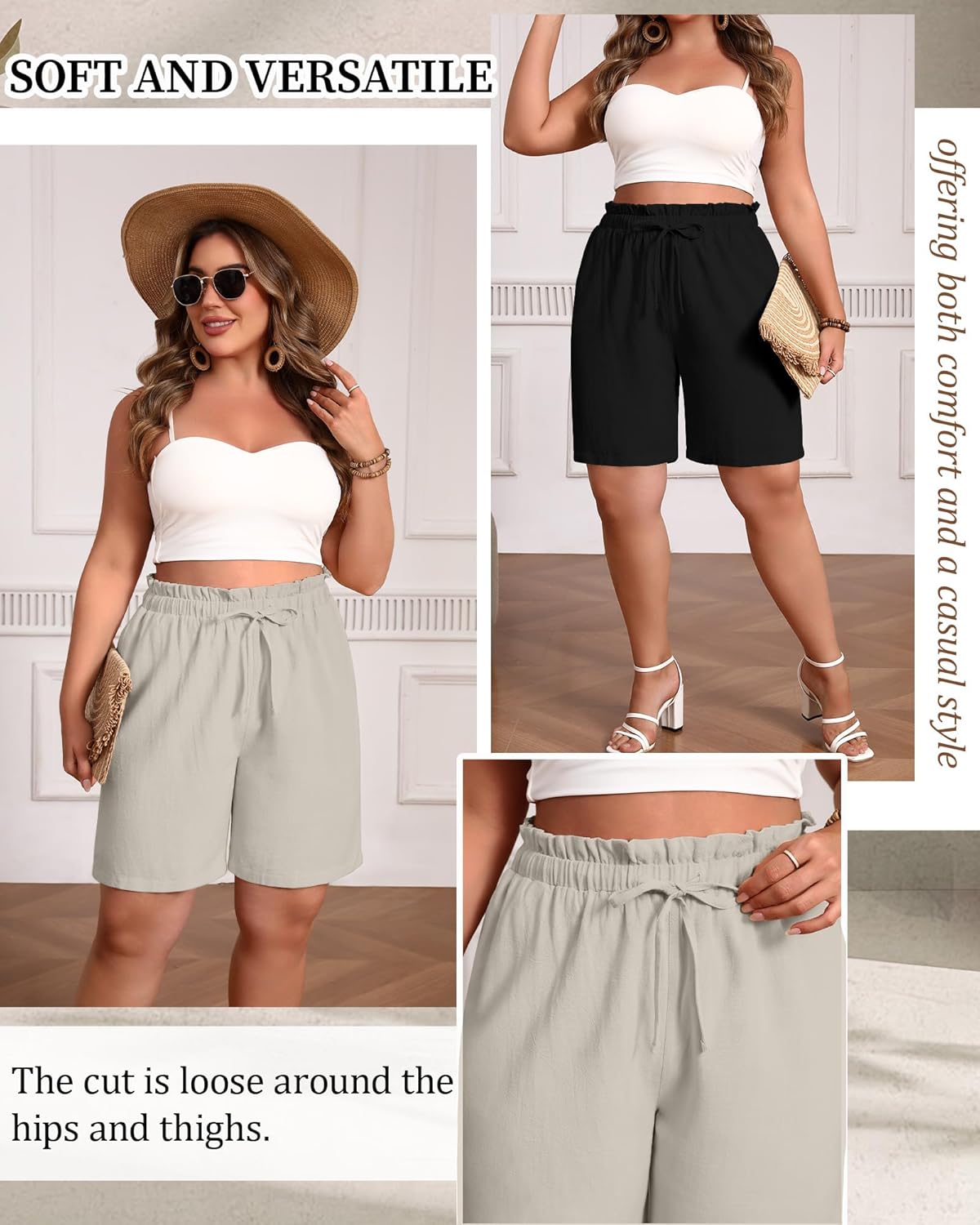 Evervibe 2 Pack Women Plus Size Linen Shorts Summer Casual Bermuda Ruffle Waist Lightweight Drawstring Loose with Pockets
