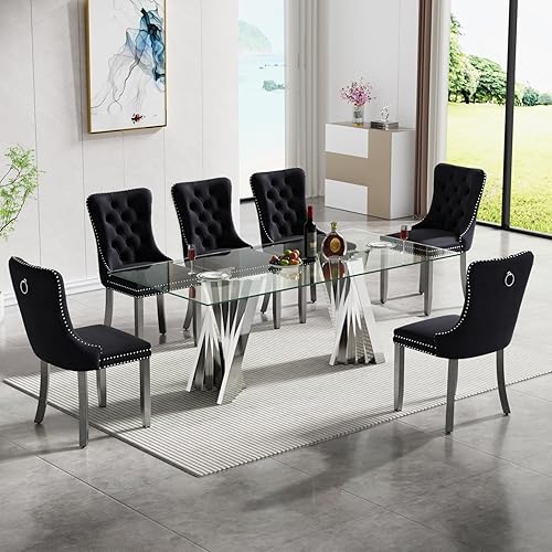 Miniatura 12 de SSLine Moderno juego de mesa de comedor de cristal de 7 piezas para 6 mesas de cocina y sillas de cristal dorado de lujo para 6 elegantes mesas de