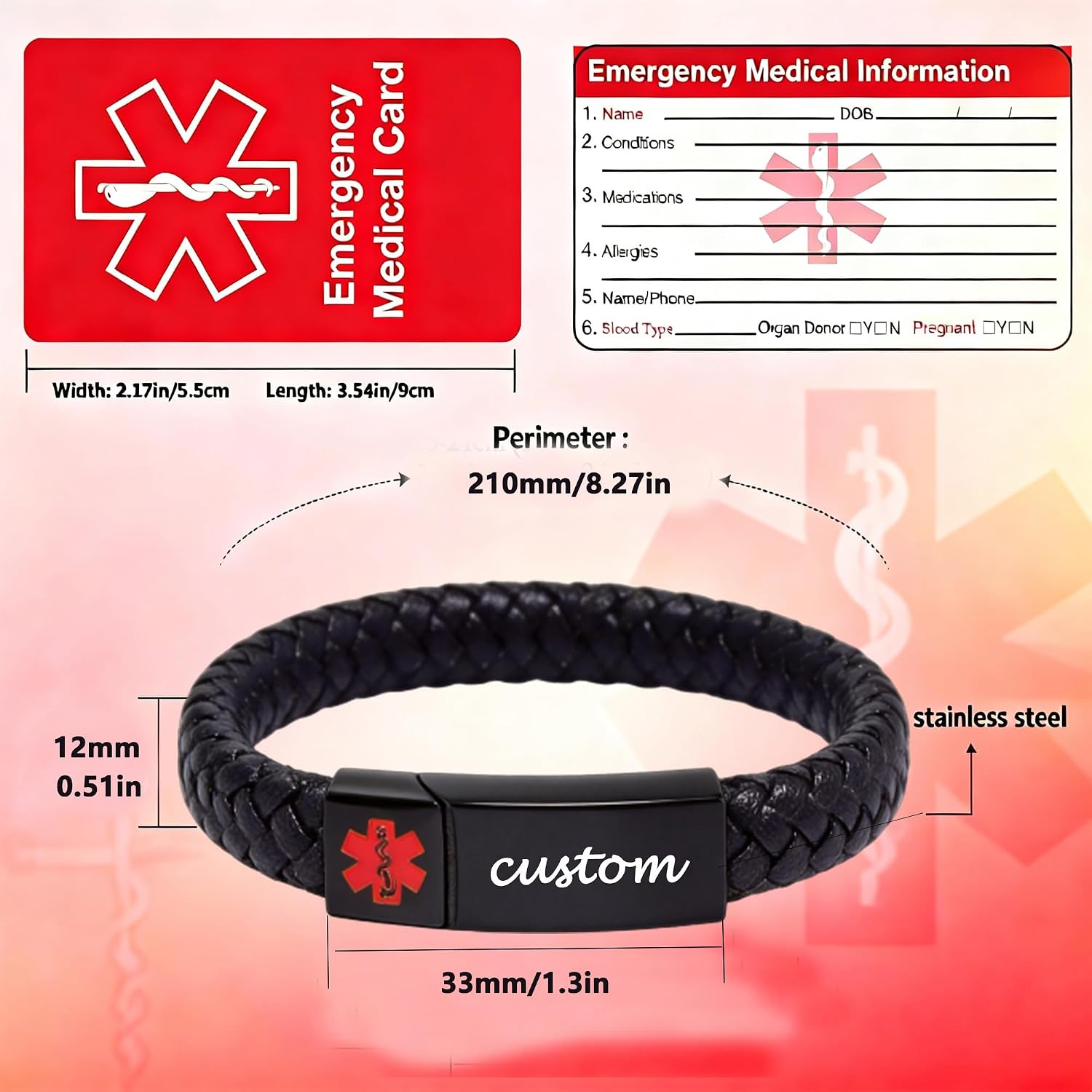 Medical Alert Braided Leather ID Bracelet for Men Women - Adjustable Stainless Steel Engraved Medical Symbol Wristband, Emergency Card Gift Box