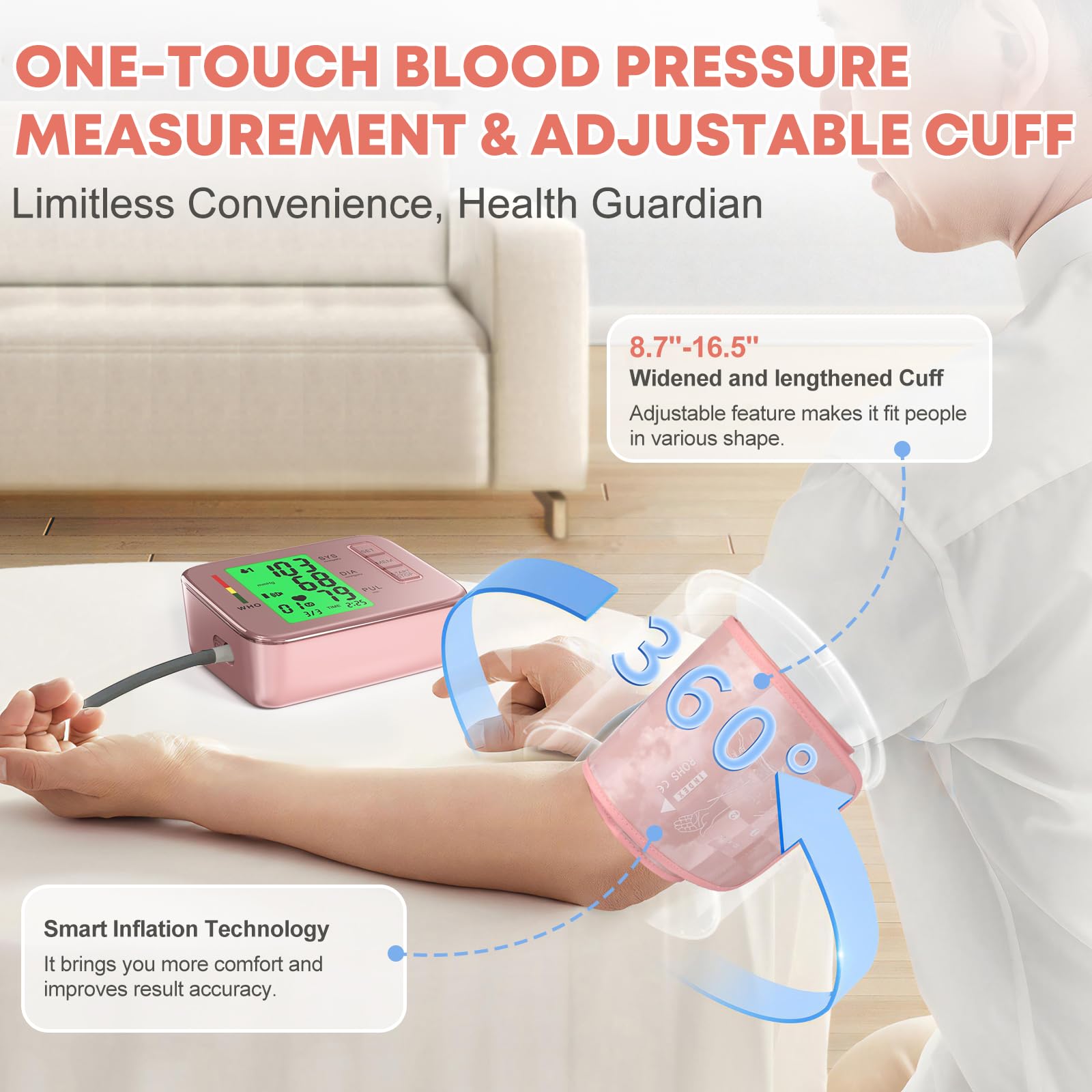 Monitores de presión arterial, máquina de presión arterial rosa, puño superior automático con brazo superior automático ajustable de 8.7 a 16.5 pulgadas para uso doméstico, 2 x 90 juegos de memoria