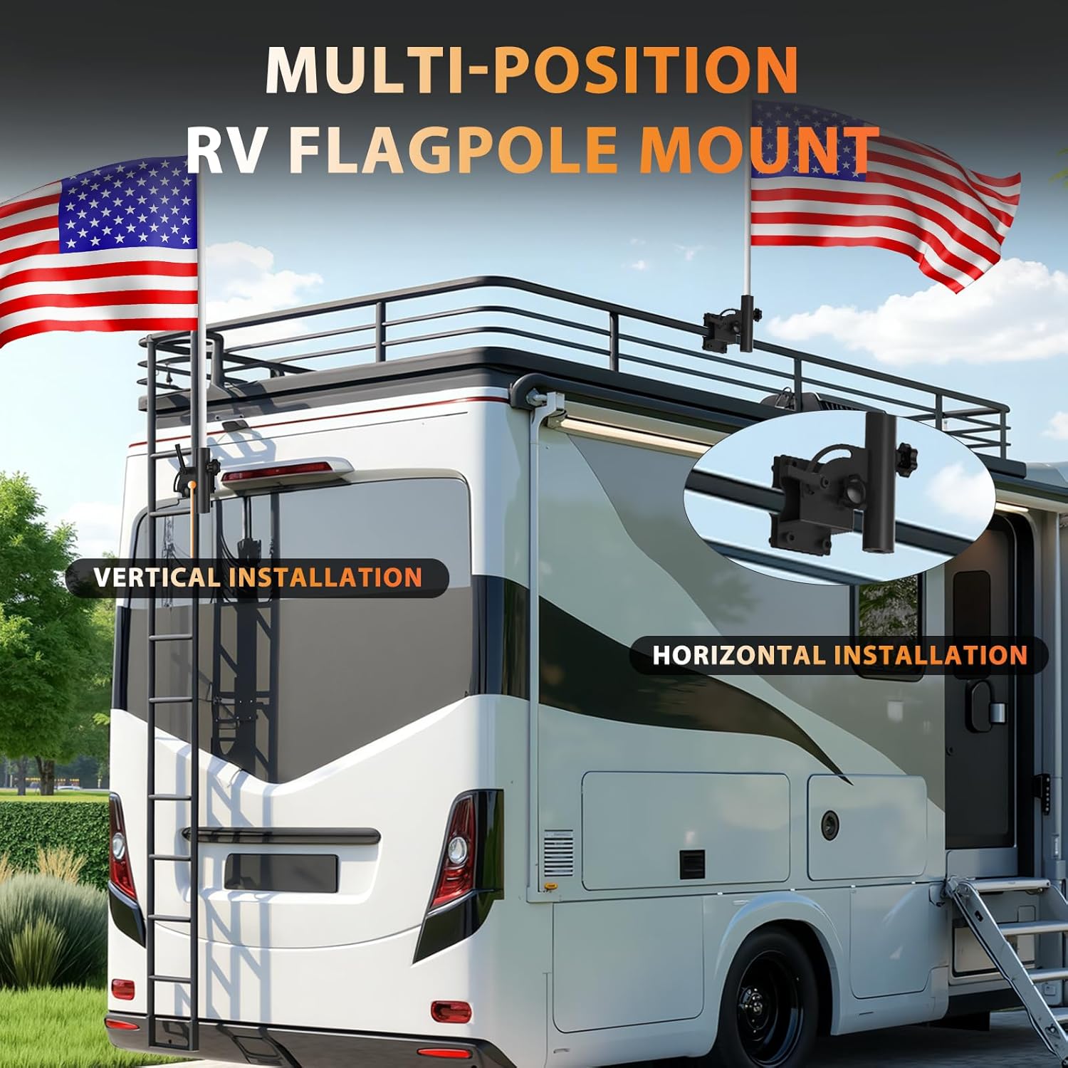 Adjustable RV Flag Pole Mount, Heavy-Duty RV Flag Holder for 1"–1.5" RV Ladders, Fits 1"–1.25" Flagpoles, Vertical & Horizontal Installation, Durable Camper Flag Mount