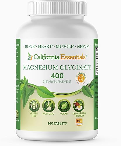 California Essentials Glicinato de magnesio 400 - Magnesio elemental quelado de alta absorción para alivio muscular, apoyo óseo y cardíaco - Vegano, sin OGM, sin gluten (360 unidades (paquete de 1))