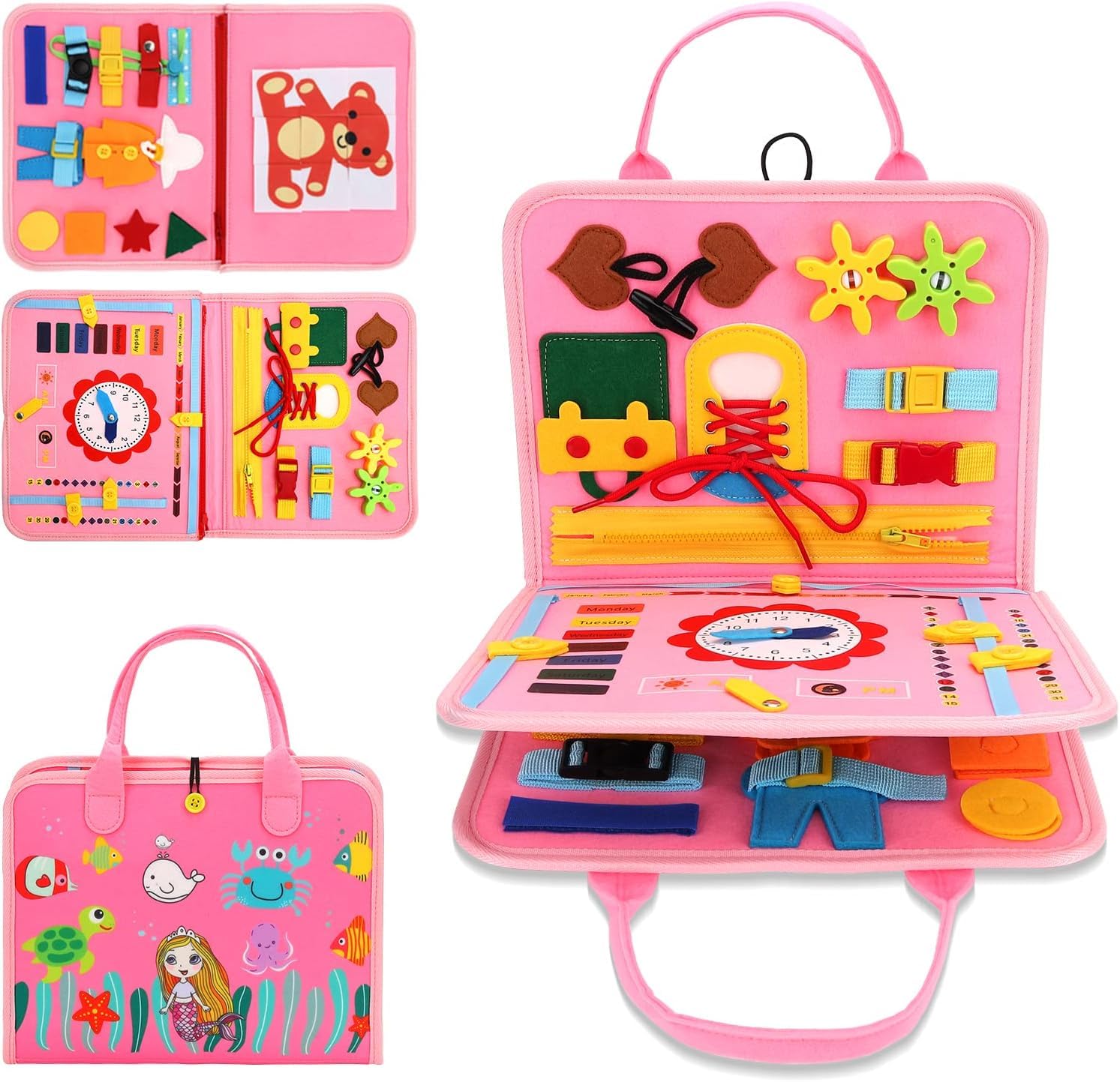 KolorFish Busy Board for Toddlers,Montessori Toys for Boys Girls 1 2 3 Year Old,Early Educational Activity Baby Sensory Toy,Autism Busy Book Travel Toys for Kids 3 4 5 6 7 Year Old (Underwater Pink) (B0D7NS8RS6) Amazon Price History, Amazon Price Tracker