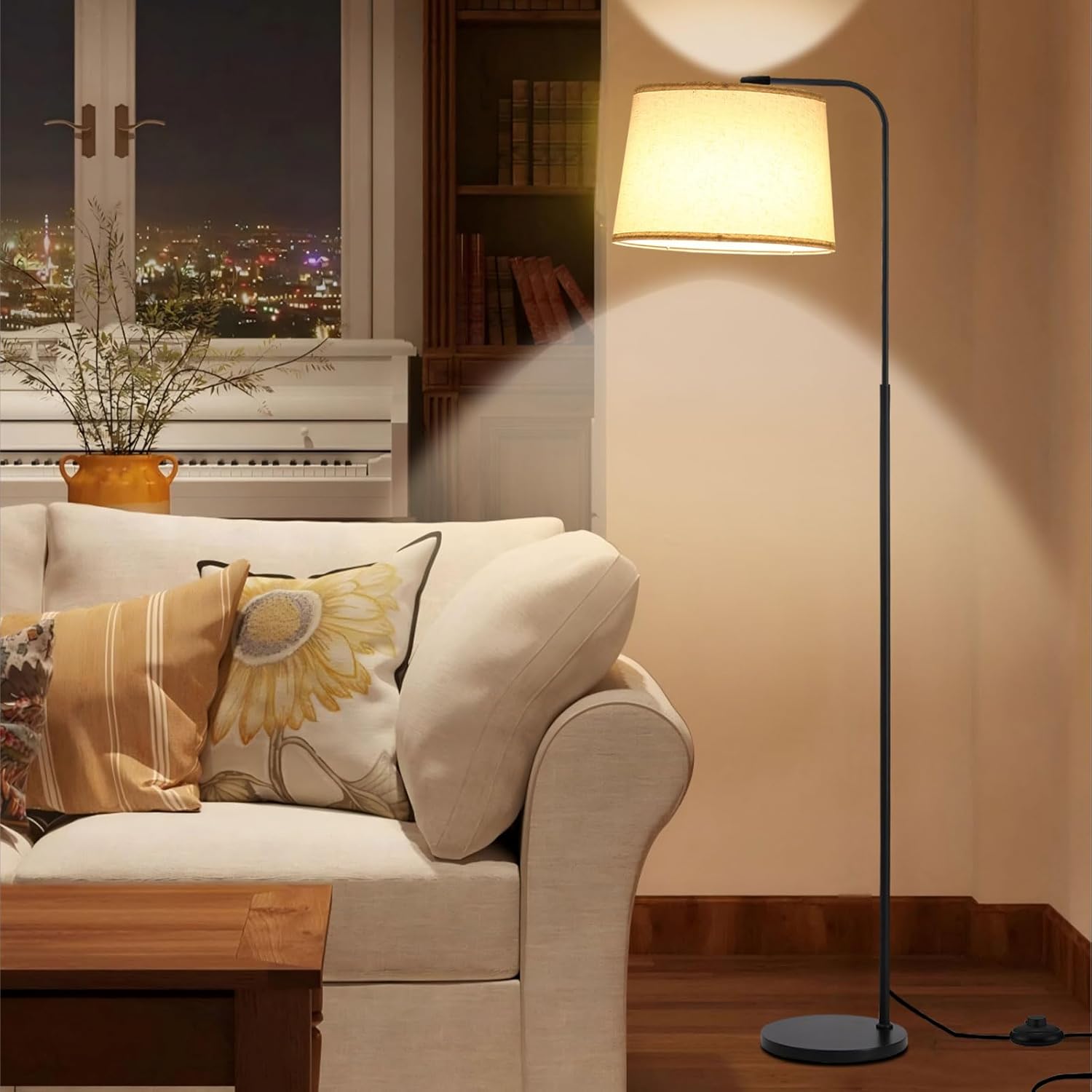 Arc Floor Lamps for Living Room, Modern Floor Lamp for Bedroom, Foot Pedal Control Standing Lamps with Adjustable Linen Lampshade, Tall Lamp with 9W Bulb for Office Reading Room Nursery (Black)