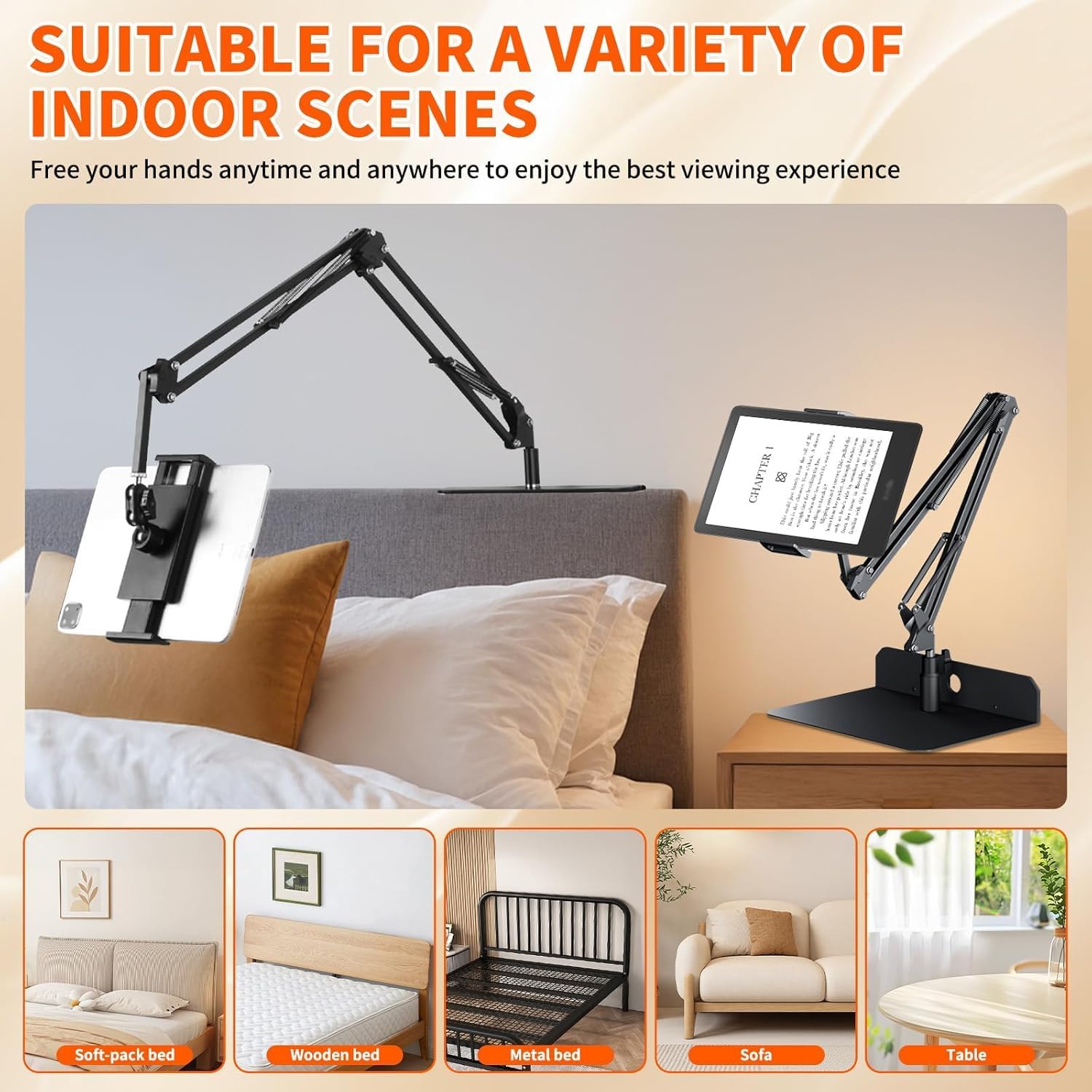 Hands Free Bed Tablet Holder with Adjustable Arm - Heavy Duty Metal Stand Compatible with Kindle, iPad & Phones, Foldable & Space-Saving Design, Invisable & No Furniture Damage (Extended 90CM)