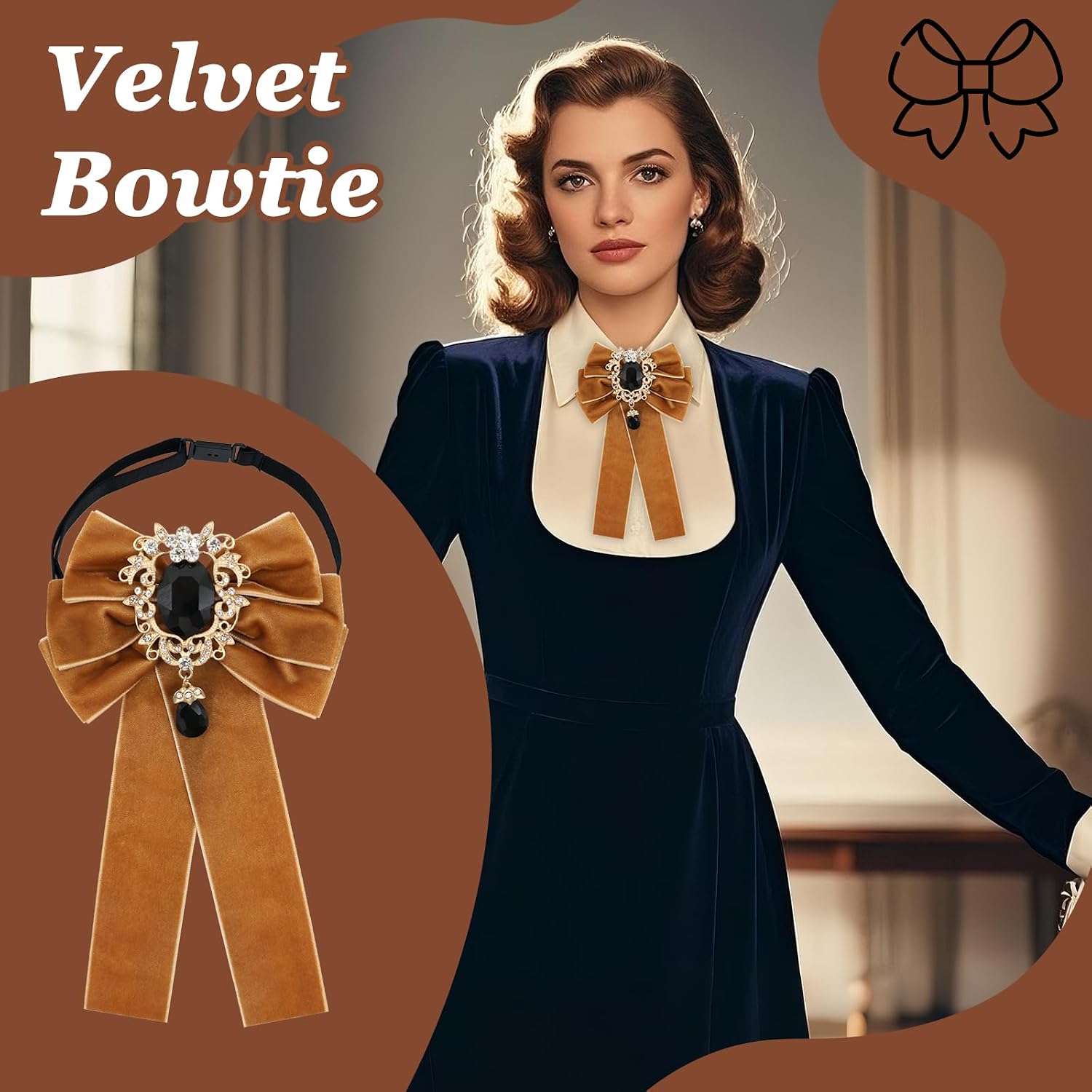 Adjustable Velvet Womens Bow Ties with Rhinestone for Prom Evening | Rhinestone Center Detail, Velvet Fabric Sheen, Adjustable Strap, Banquet Concert Prom Stage Formal, Multiple Colors