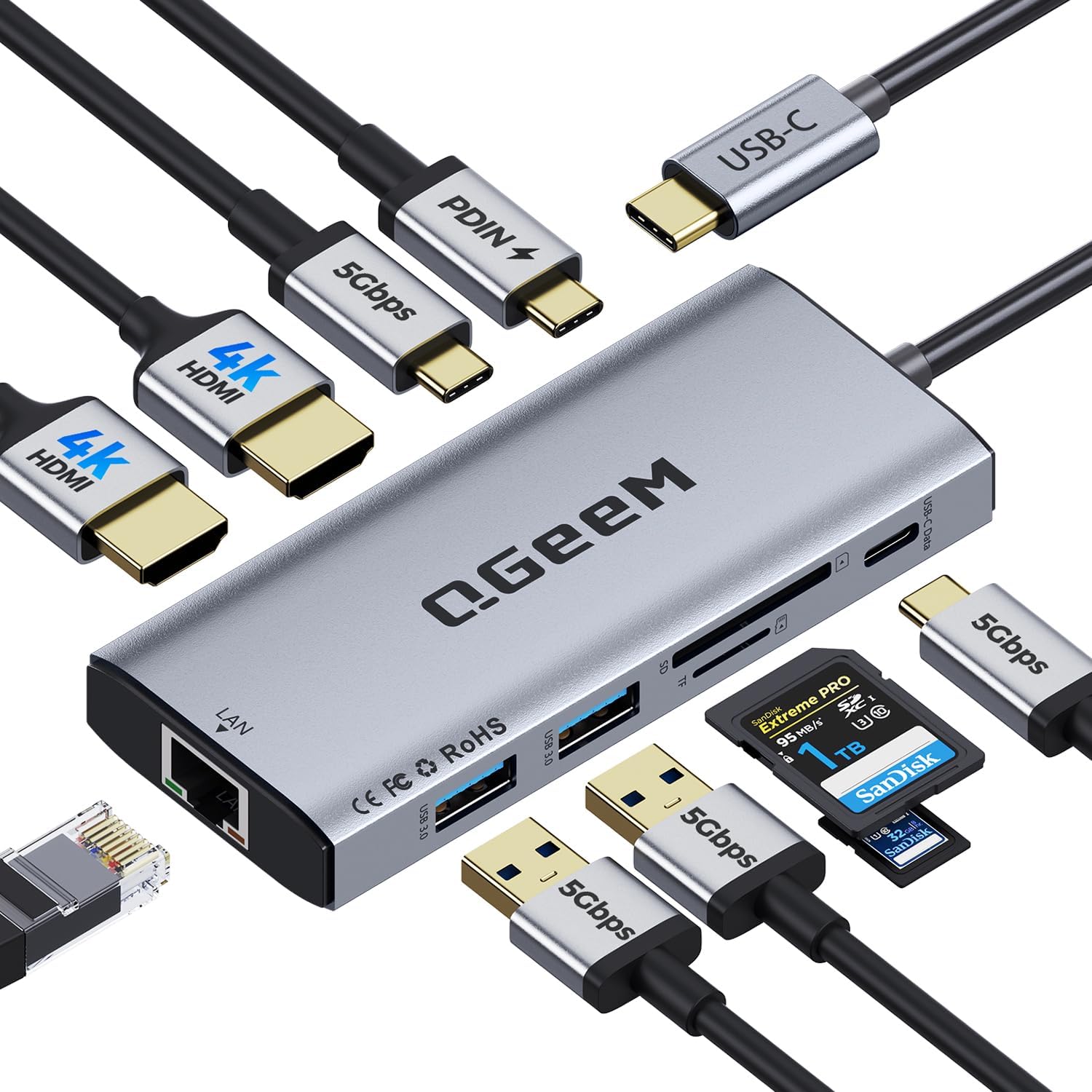 USB C Hub,10 in 1 Laptop Docking Station 2x4K@60Hz,Type-C Multiport Adapter with Dual HDMI,PD100W,5Gbps Data Ports,Extender Splitter,Card Reader,Ethernet Dock for Mac/Dell/HP/Surface/Steam Deck