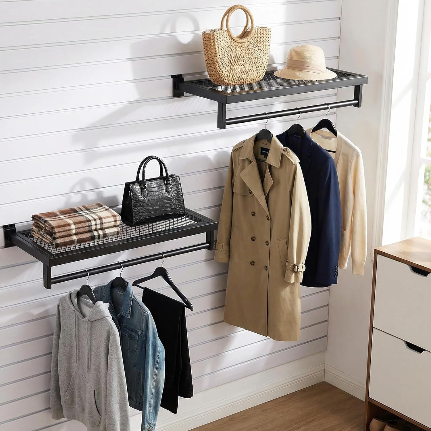 2 Pcs Black Slatwall Shelf Clothes Rack with Grid Shelf with Metal Mesh Rectangular Tubing U Shaped Handrail Hanger Slatwall Shelving Organizer Accessories for Home Room Garage Retail Display