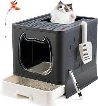 Gefryco Cat Litter Box with Lid, Top Entry Kitten Litter Box with Controlled Access, Covered Enclosed Cat Potty Odor Control for Small to Medium Cats, Scoop and Clean Brush Included Black