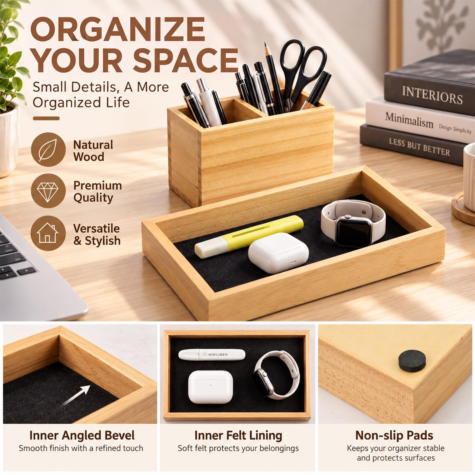 Fumete Plateau de bureau en bois avec porte-stylo, couleur bois naturel