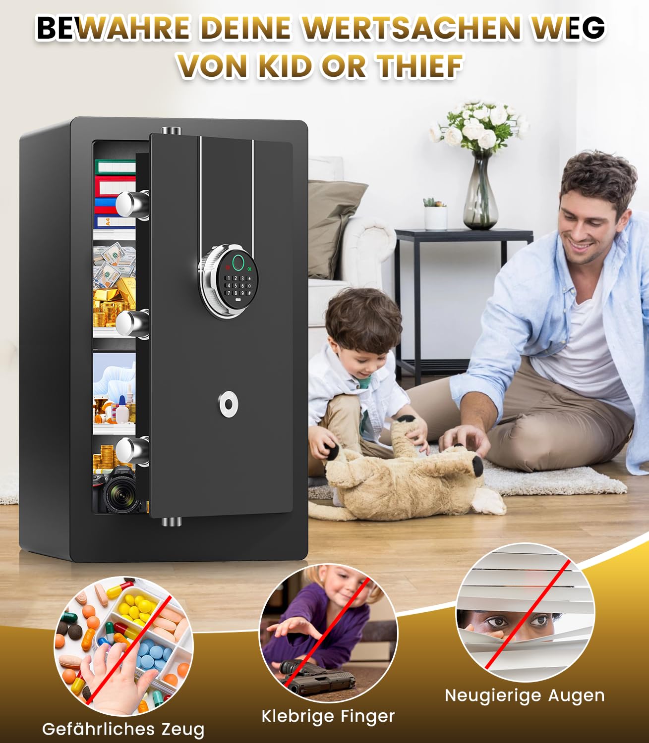 Caja fuerte grande de 75 l, biométrica para el hogar, caja fuerte digital, resistente al fuego, impermeable, antirrobo, para pasaporte, dinero, documentos, medicina