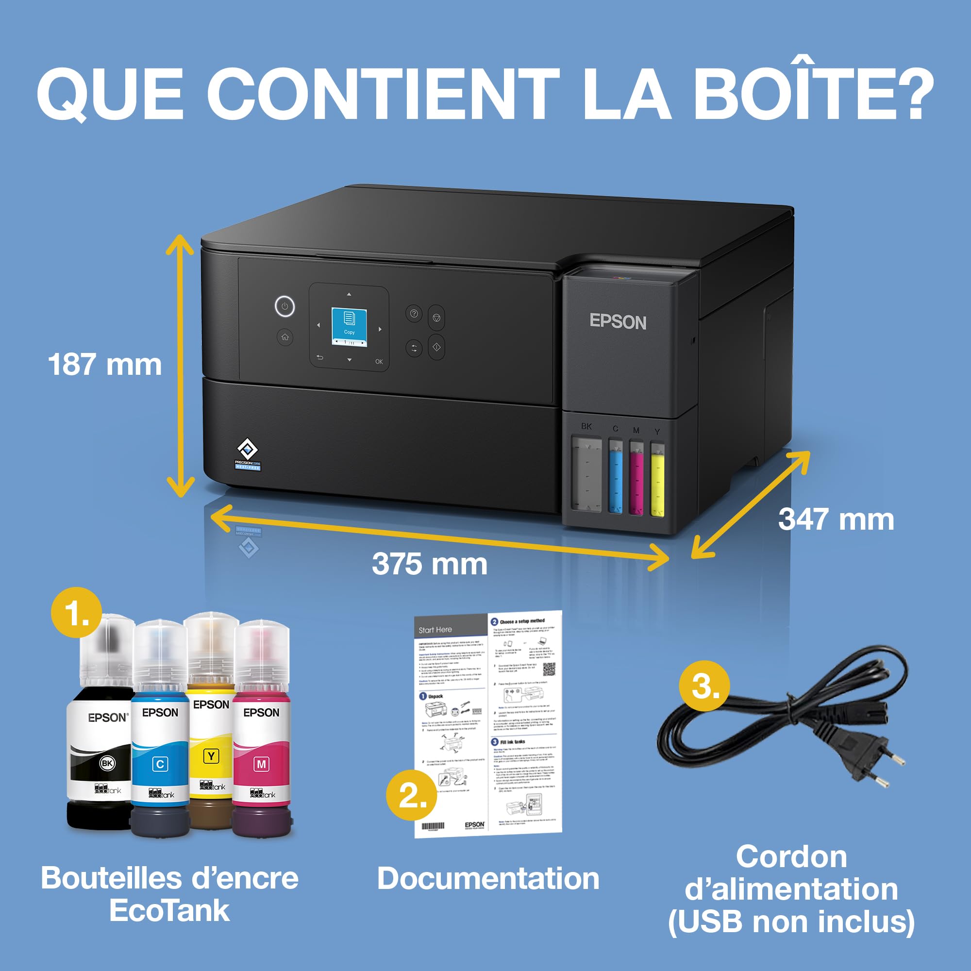 Epson EcoTank ET-2955 Imprimante à Réservoirs D’Encre | Maison & Petit Bureau | Wi-FI | A4 | Imprimer, Copier, Numériser | Écran LCD 3,7cm | Impression Recto Verso Auto | Jusqu’à 3 Ans d’Encre Inclus