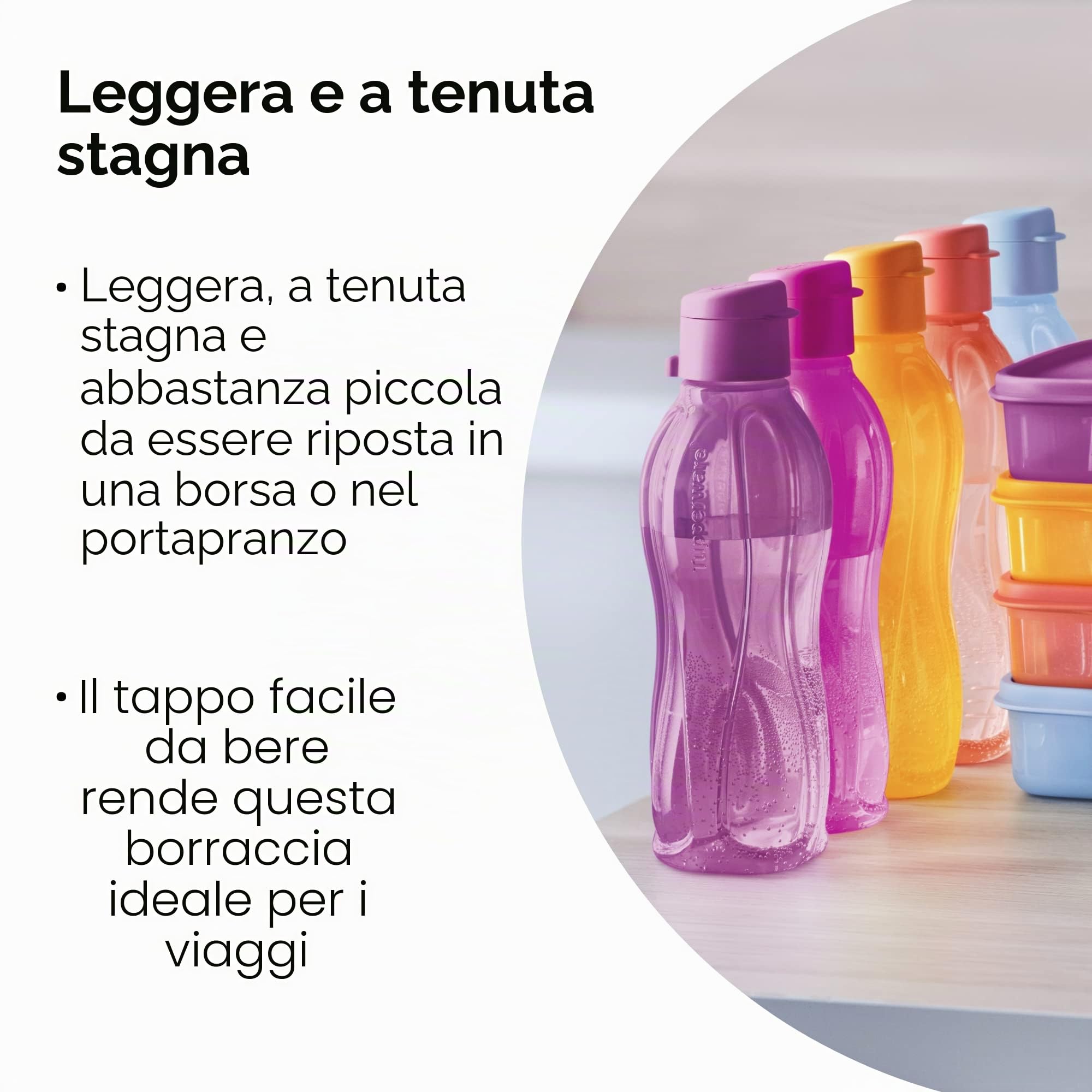 Tupperware Eco+ - Borraccia piccola riutilizzabile, 500 ml, confezione da 5, lavabile in lavastoviglie e priva di BPA, leggera e a prova di perdite, ideale per viaggi, palestra e attività all'aperto